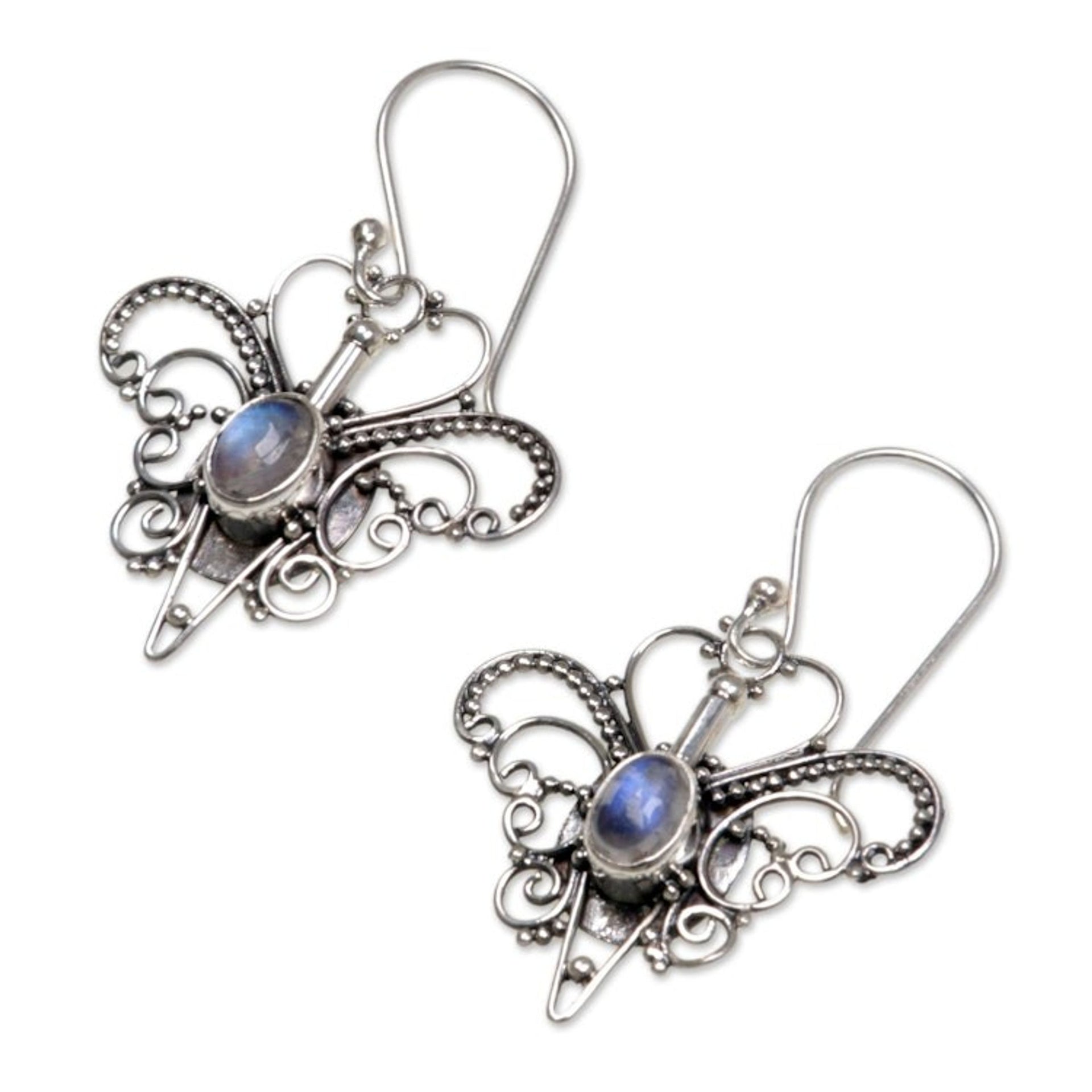 Rainbow Moonstone Sterling Silver Dangle Earrings 'Butterfly Love'