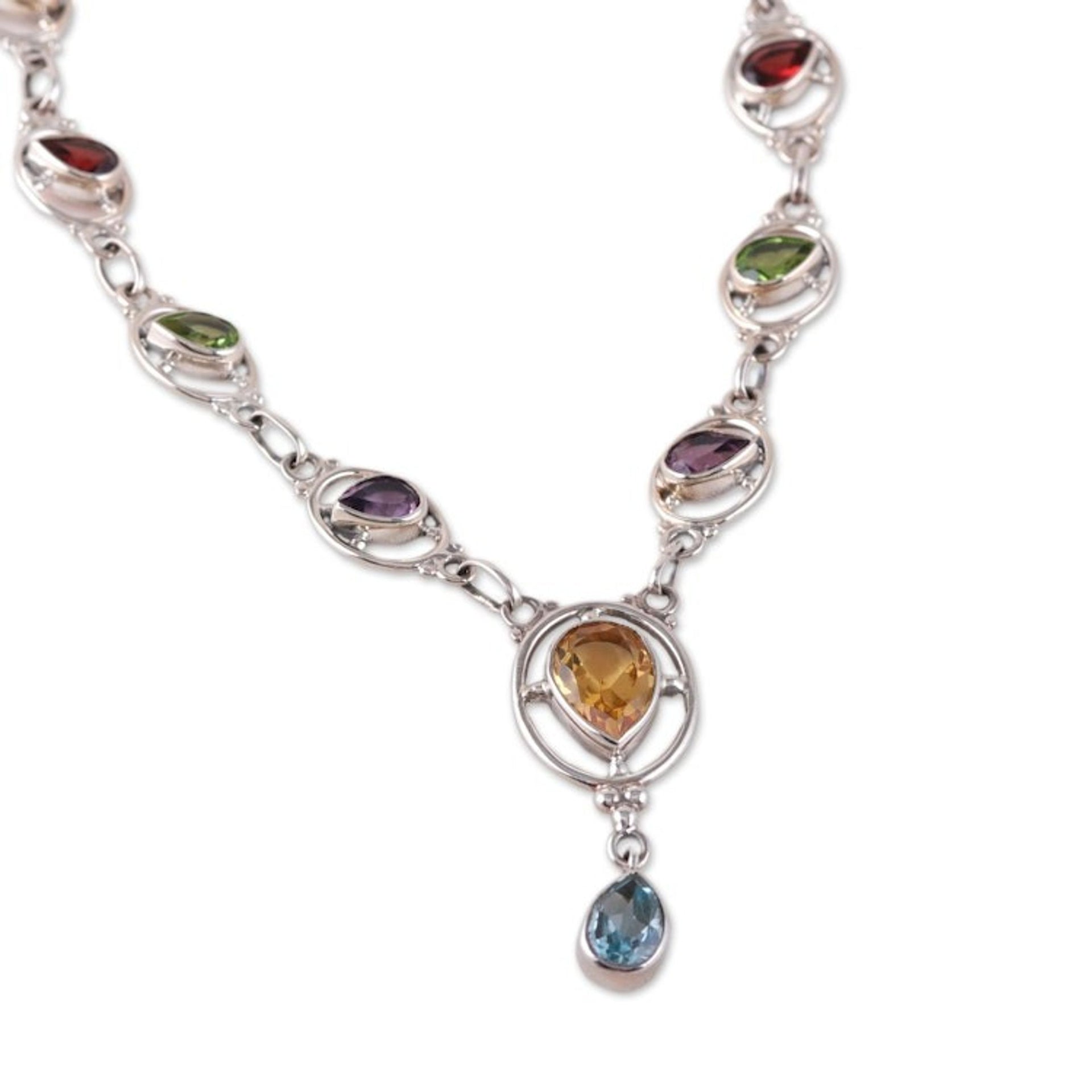 12-Carat Multi-Gemstone Sterling Silver Link Y Necklace 'Vibrant Magic'