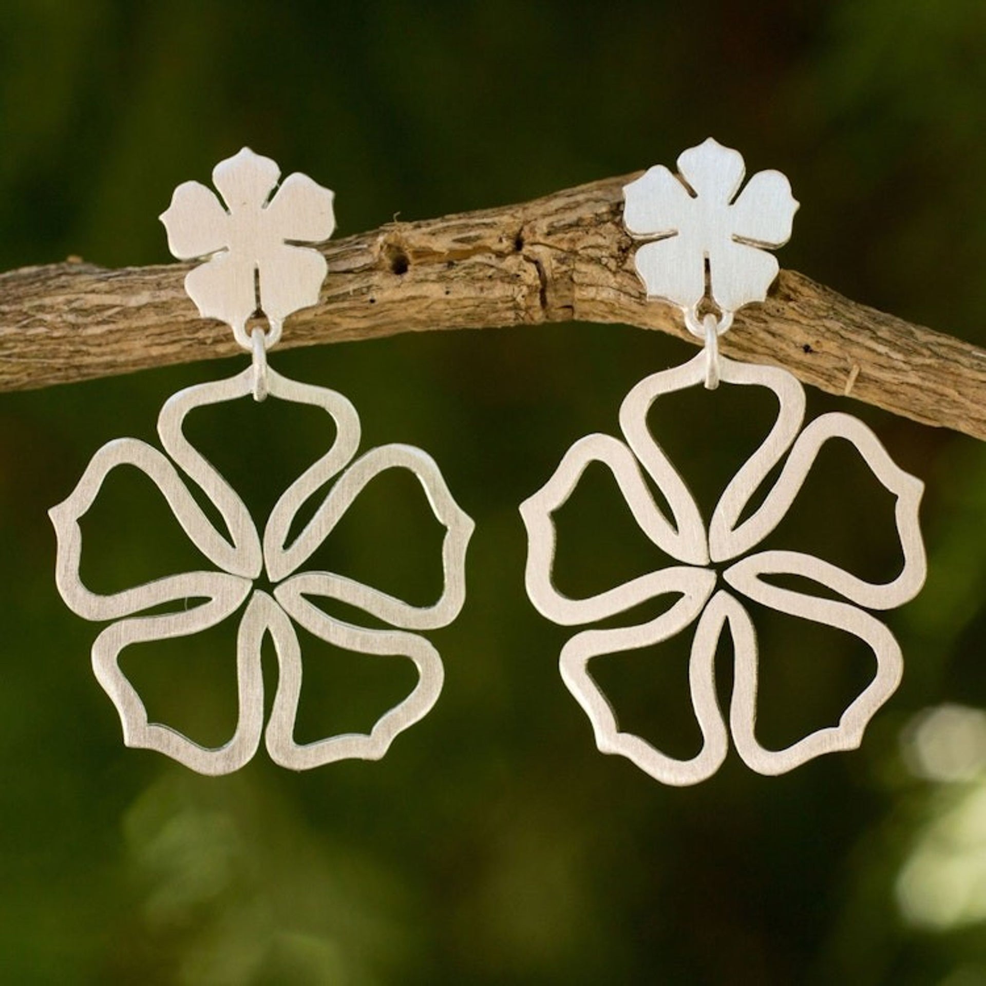 Brushed Sterling Silver Rose Dangle Earrings 'Chinese Rose'