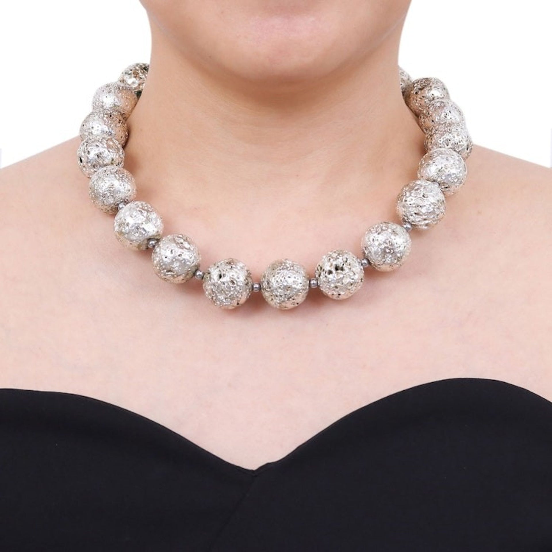 Silver-Toned Lava Stone and Hematite Beaded Necklace 'Blazing Silver'