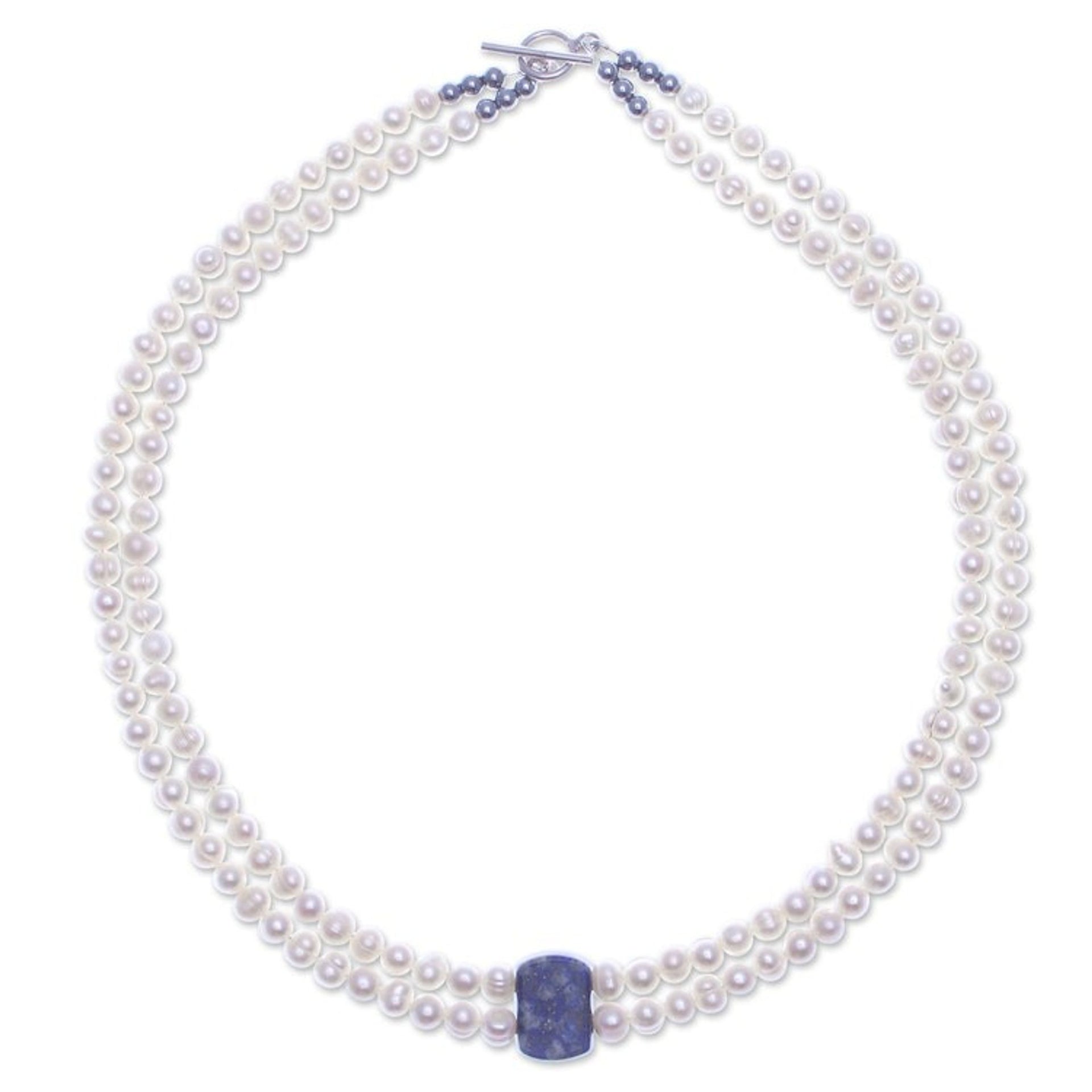 Thai Cultured Pearl and Lapis Lazuli Beaded Pendant Necklace 'Lapis Lazuli Aura'