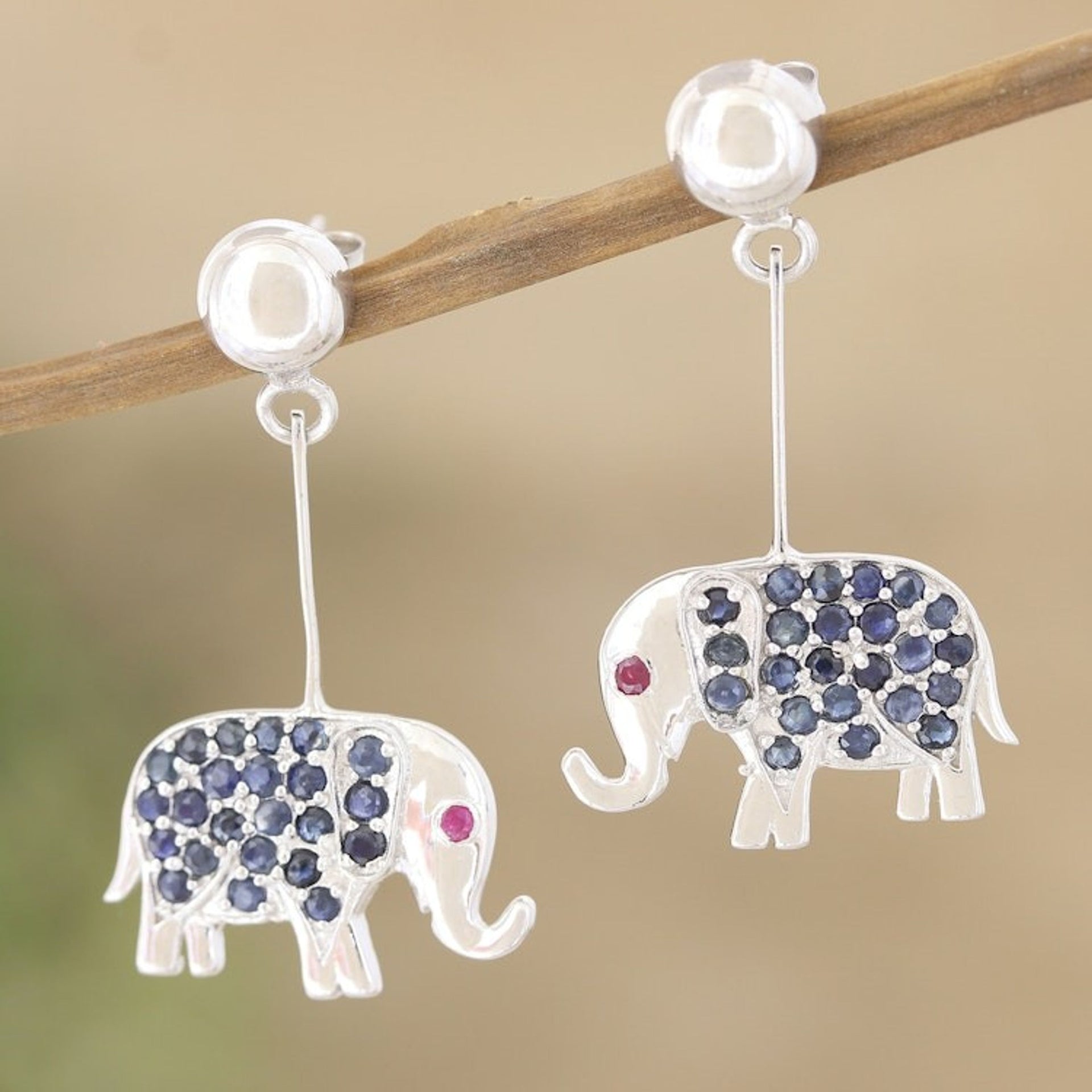 Rhodium-Plated Sapphire and Ruby Elephant Earrings 'Generous Fortune'