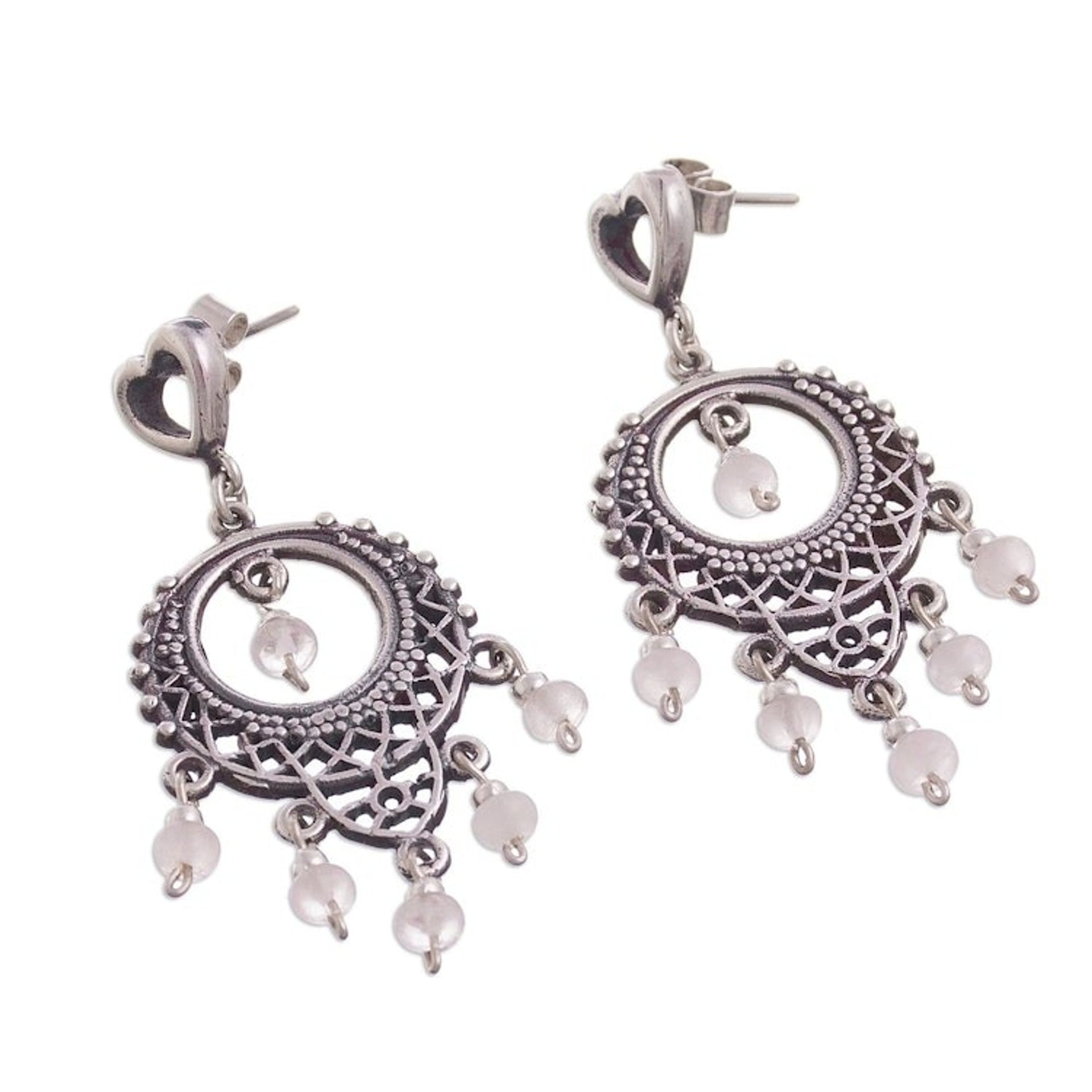 Rose Quartz Chandelier Earrings Crafted in Peru 'Heart Festival'