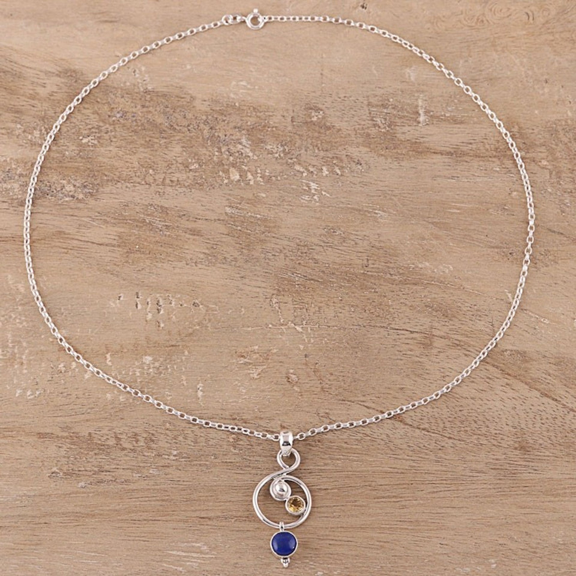 Lapis Lazuli and Citrine Necklace Crafted in India 'Swirling Royal'