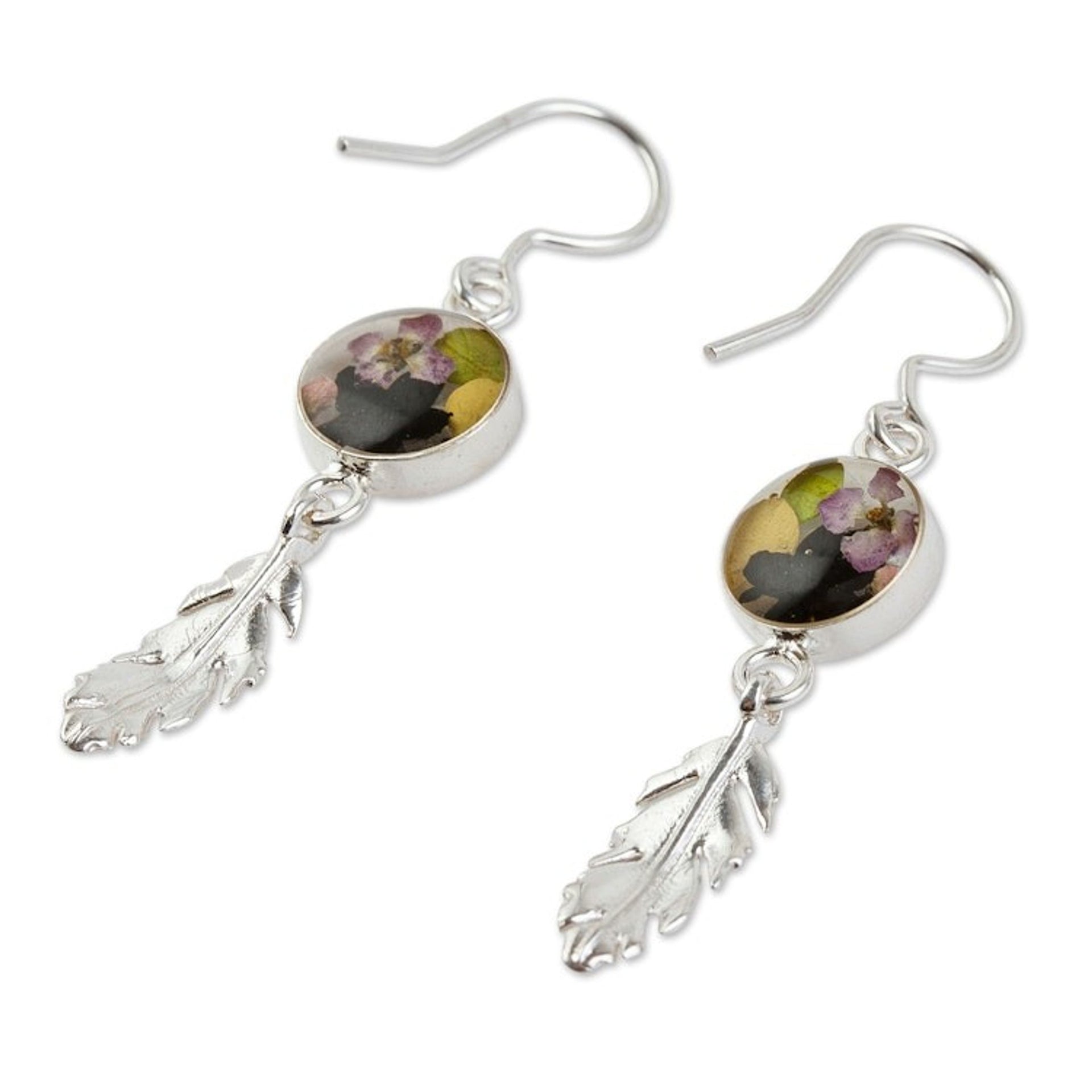 Sterling Silver and Dried Flower Dangle Earrings from Mexico 'Anahuac Black'