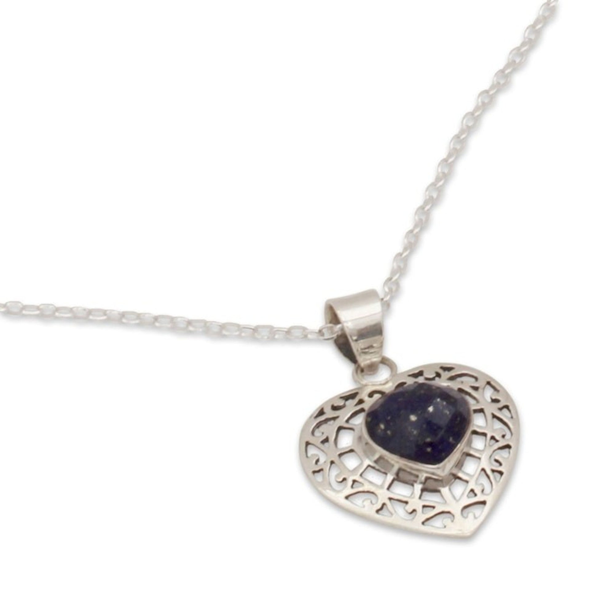 Heart Shaped Sterling Silver and Lapis Lazuli Necklace 'Mughal Romance'