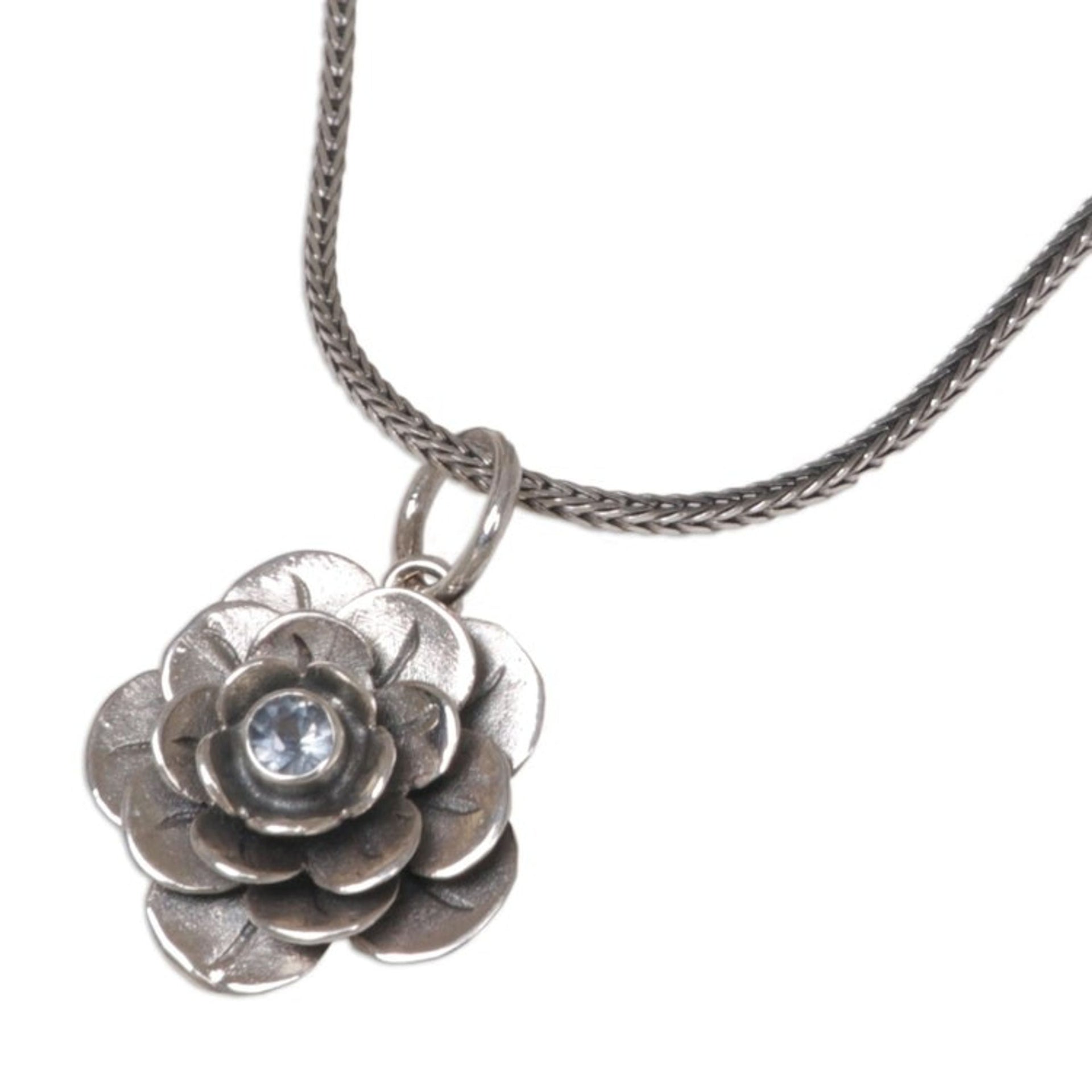 Handcrafted Floral Silver and Blue Topaz Necklace 'Holy Lotus'