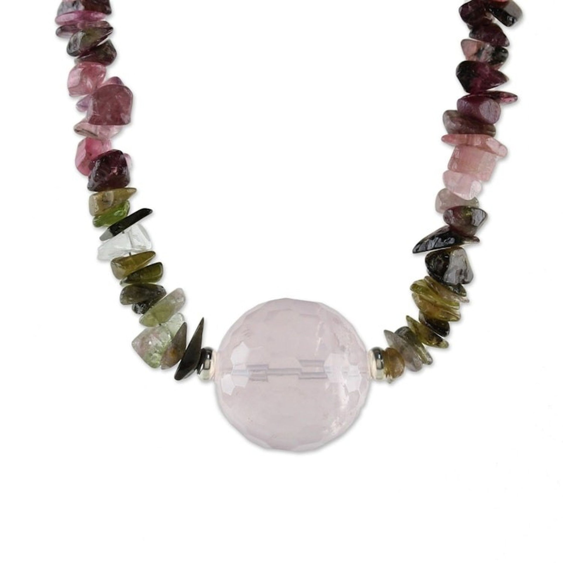Thai Rose Quartz and Tourmaline Beaded Pendant Necklace 'Natural Rose'