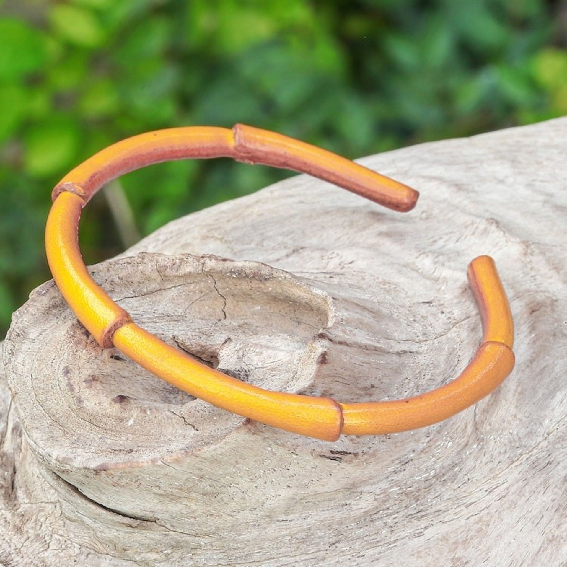 Bamboo-Inspired Adjustable Yellow Leather Cuff Bracelet 'Joyous Bamboo'