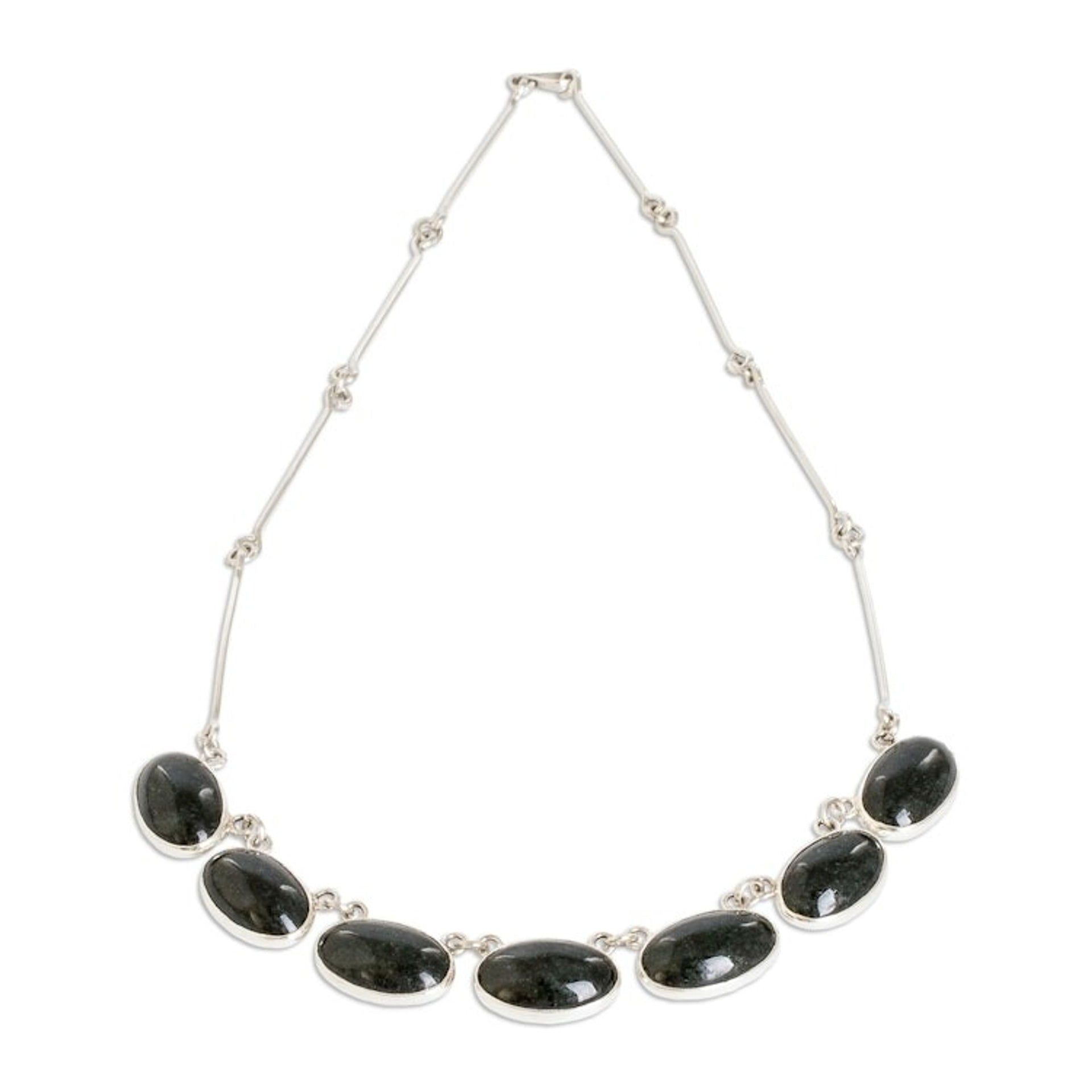 925 Silver Pendant Necklace with Oval Dark Green Jade Stones 'Maya Splendor'