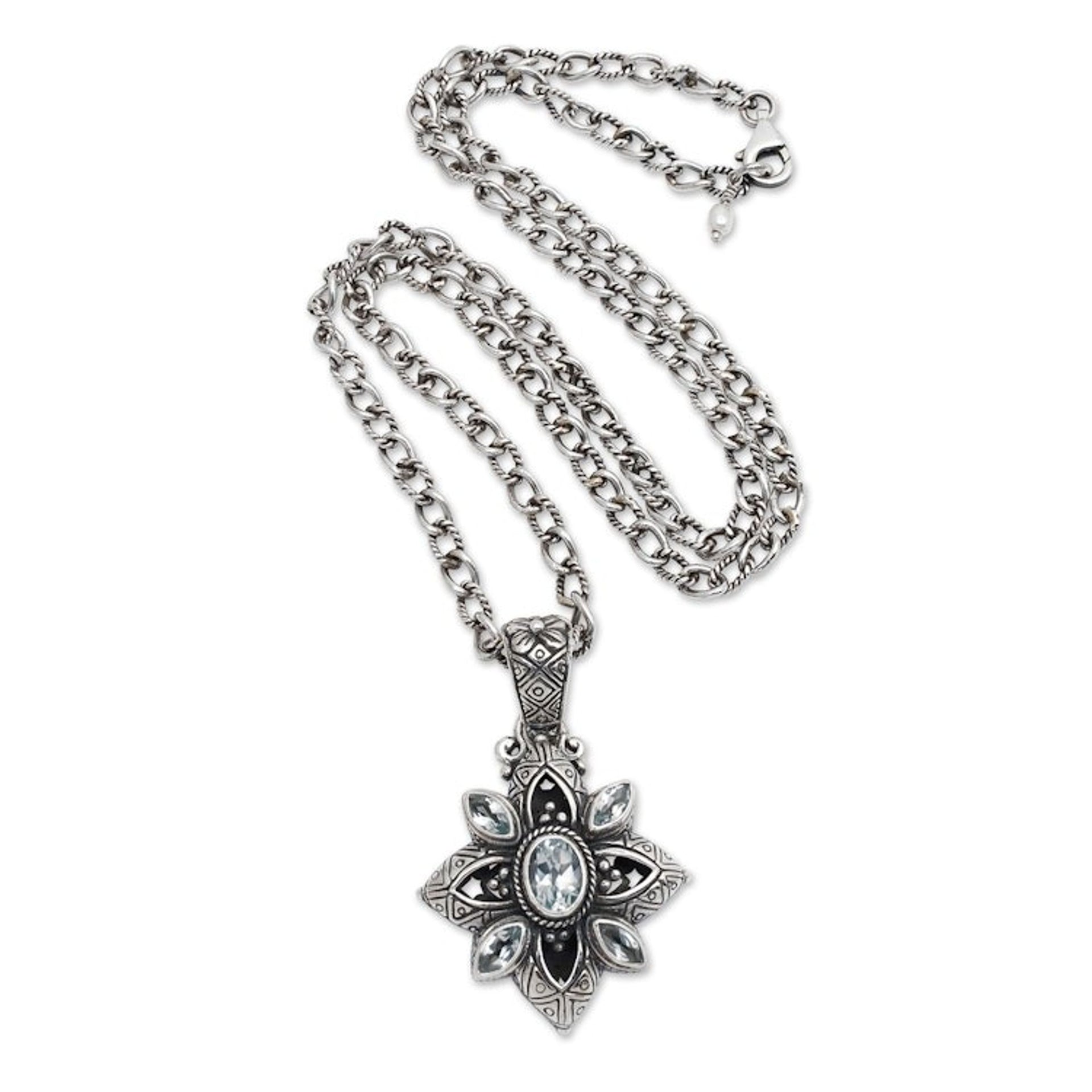 Floral Sterling Silver Necklace with Blue Topaz 2.5 cts 'Jasmine Shield'