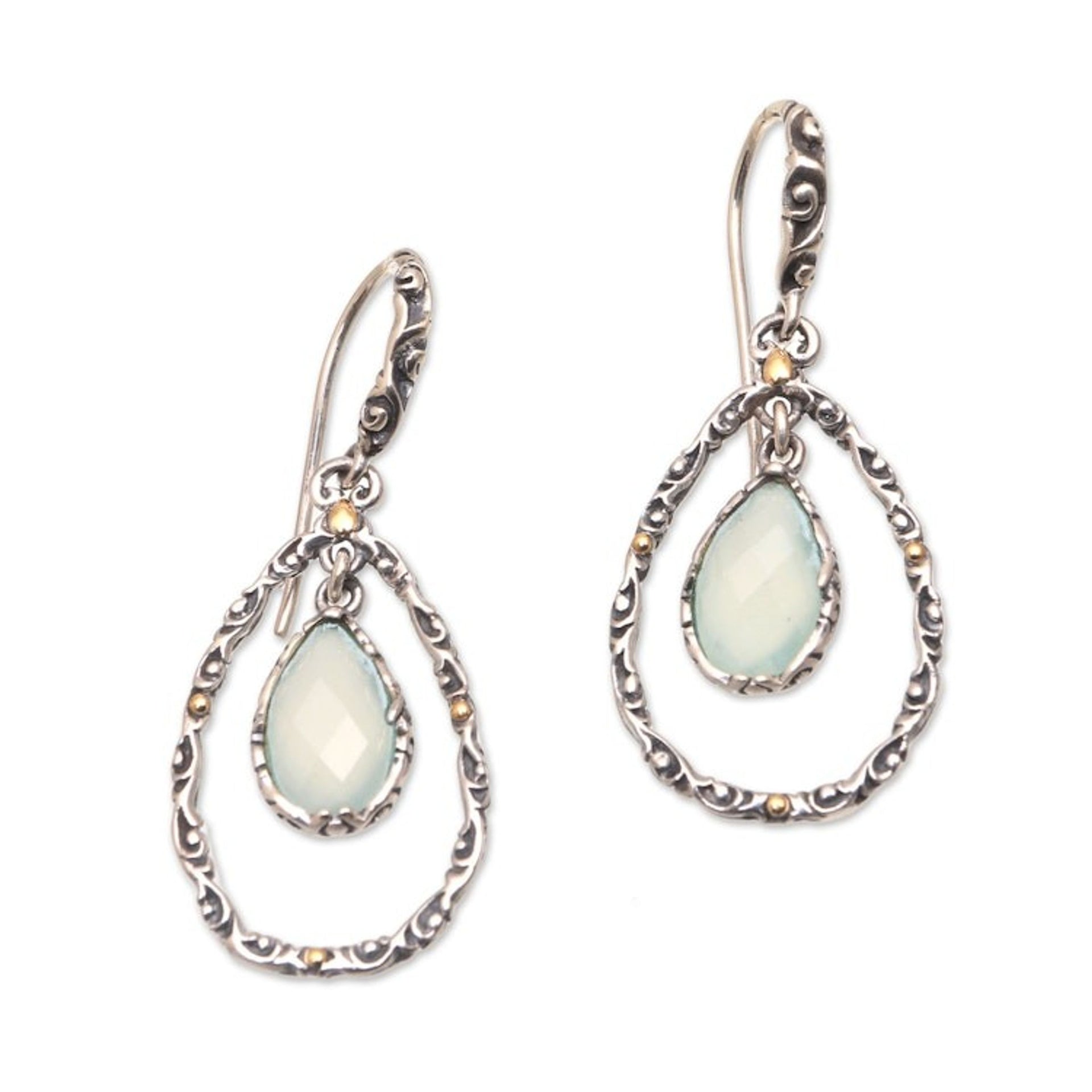 Gold Accented Blue Chalcedony Dangle Earrings from Bali 'Eternity Dew in Blue'