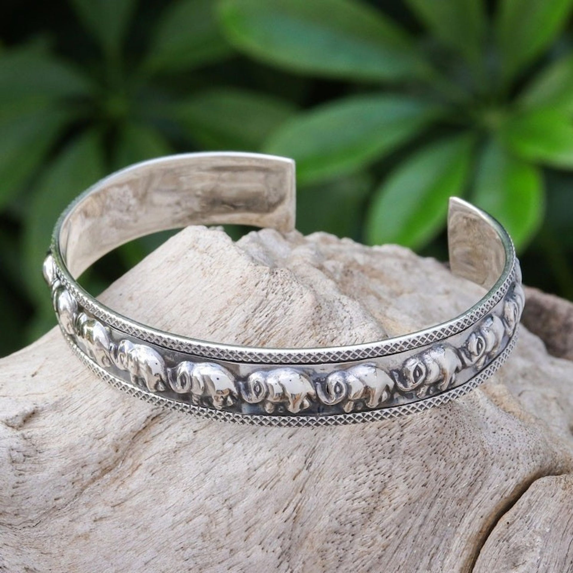 Thai Sterling Silver Elephant-Motif Cuff Bracelet 'On Parade in Large'