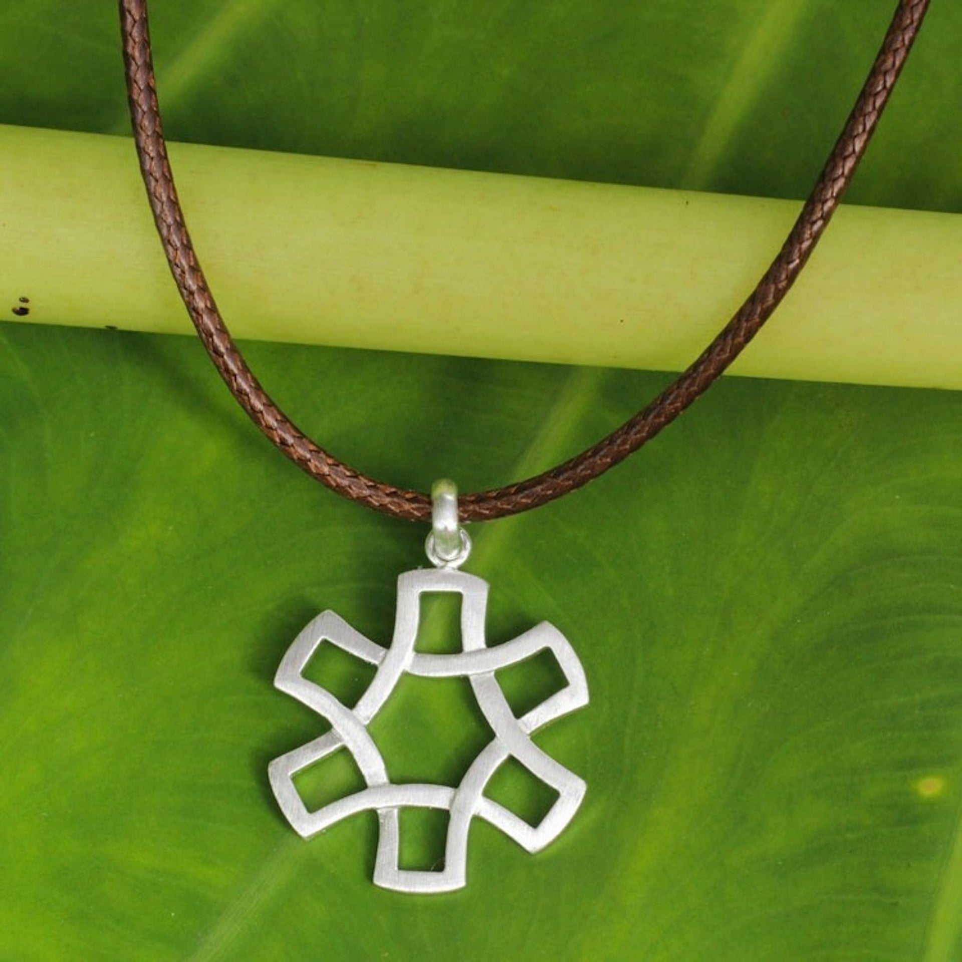 Handmade Men's Silver Pendant Necklace on Brown Cord 'The Wheel'