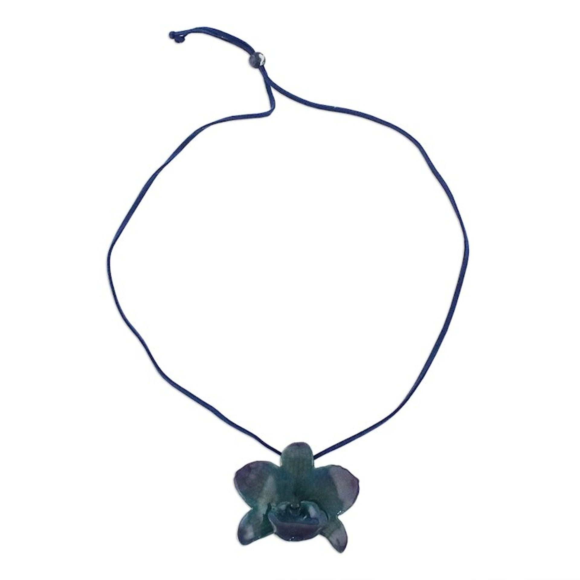 Handmade Natural Orchid Flower Long Pendant Necklace 'Indigo Blossom'
