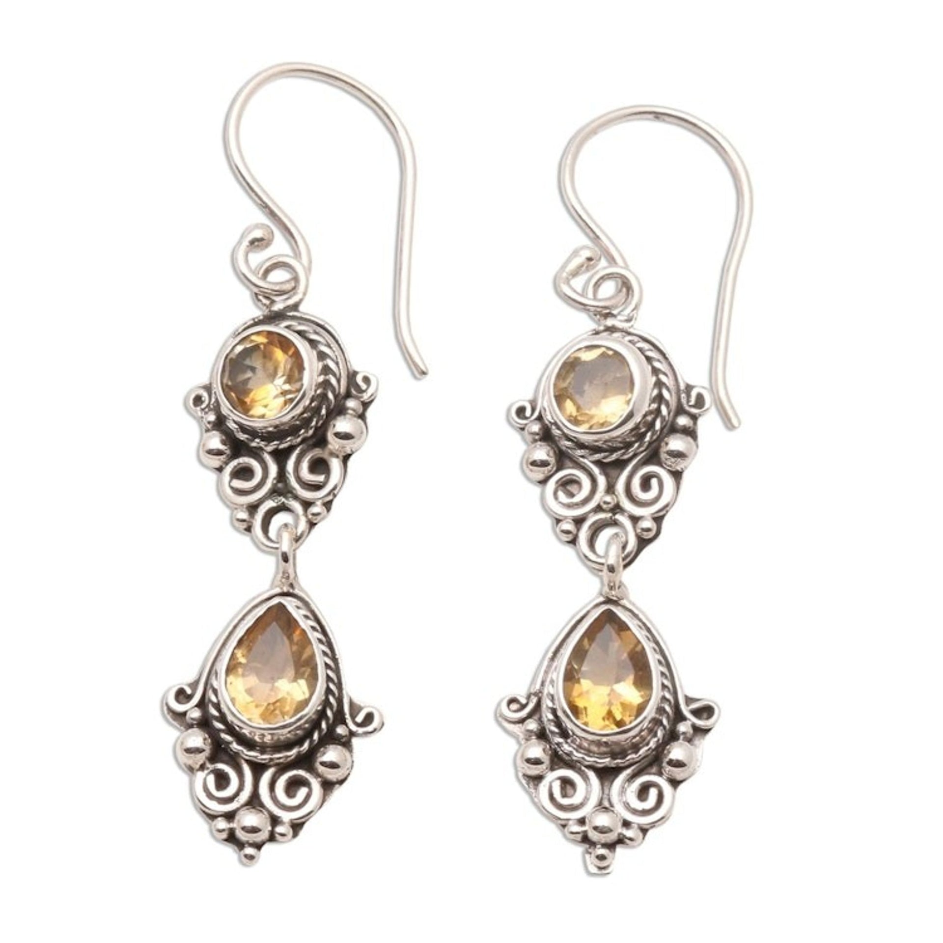 Balinese Style Citrine and Silver Dangle Earrings 'Traditional Ways'