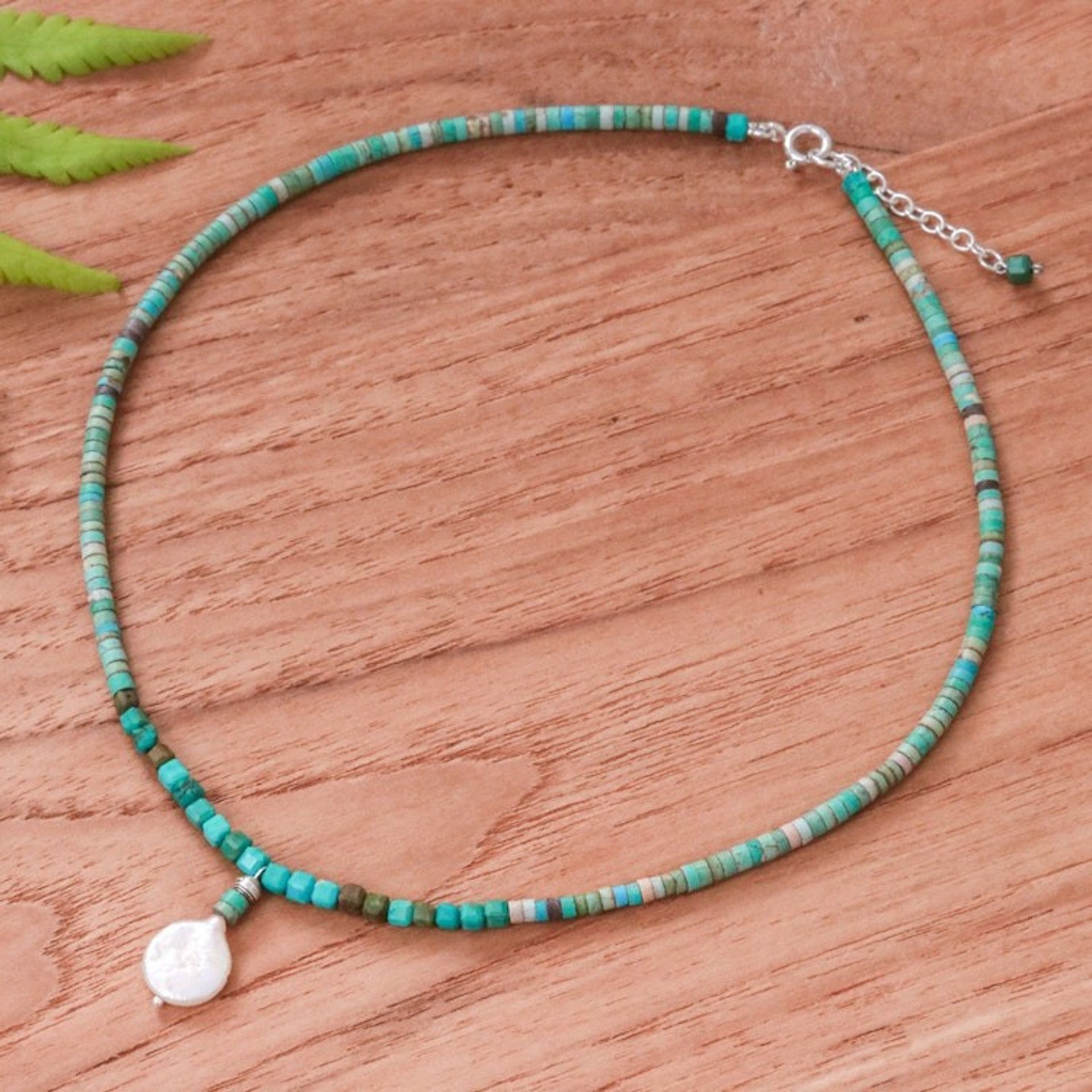 Reconstituted Turquoise Beaded Necklace with Pearl Pendant 'Aquatic Moon'