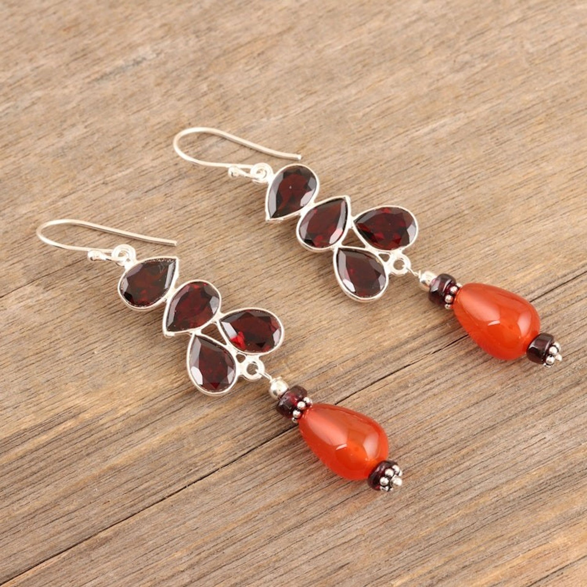 Sterling Silver Dangle Earrings with Garnet and Carnelian 'Exotic Allure'