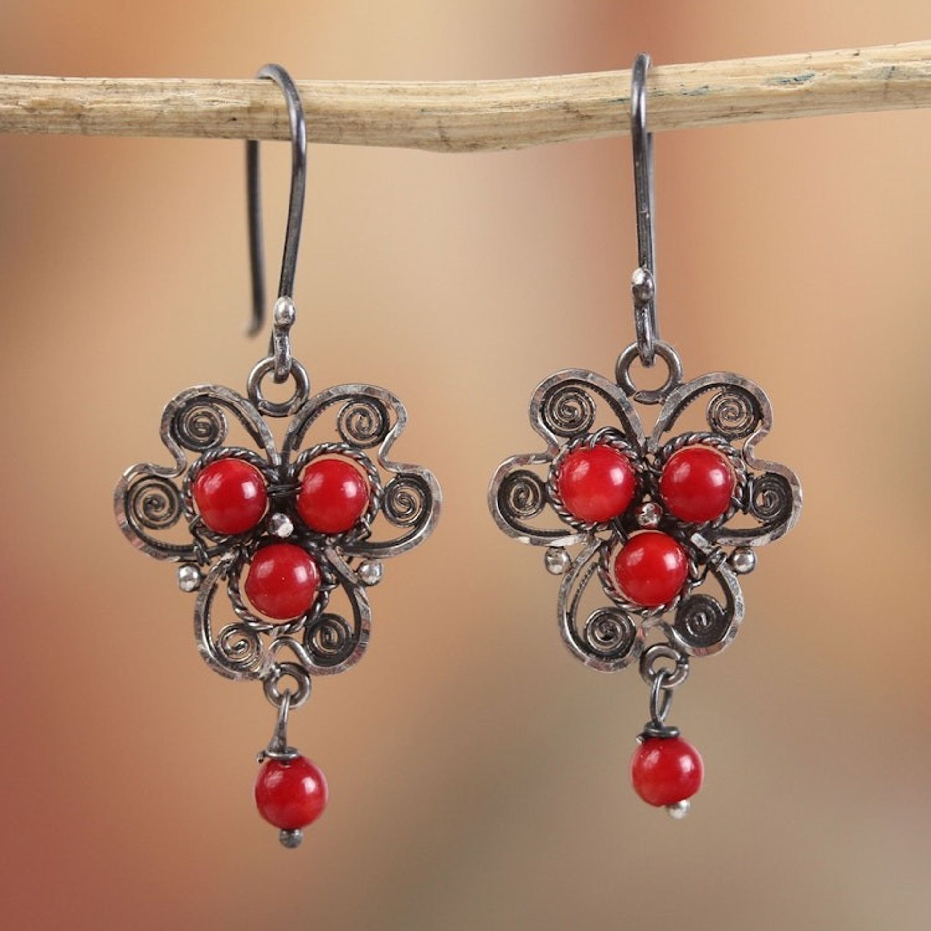 Sterling Silver Filigree Dangle Earrings with Red Glass Bead 'Red Succulence'
