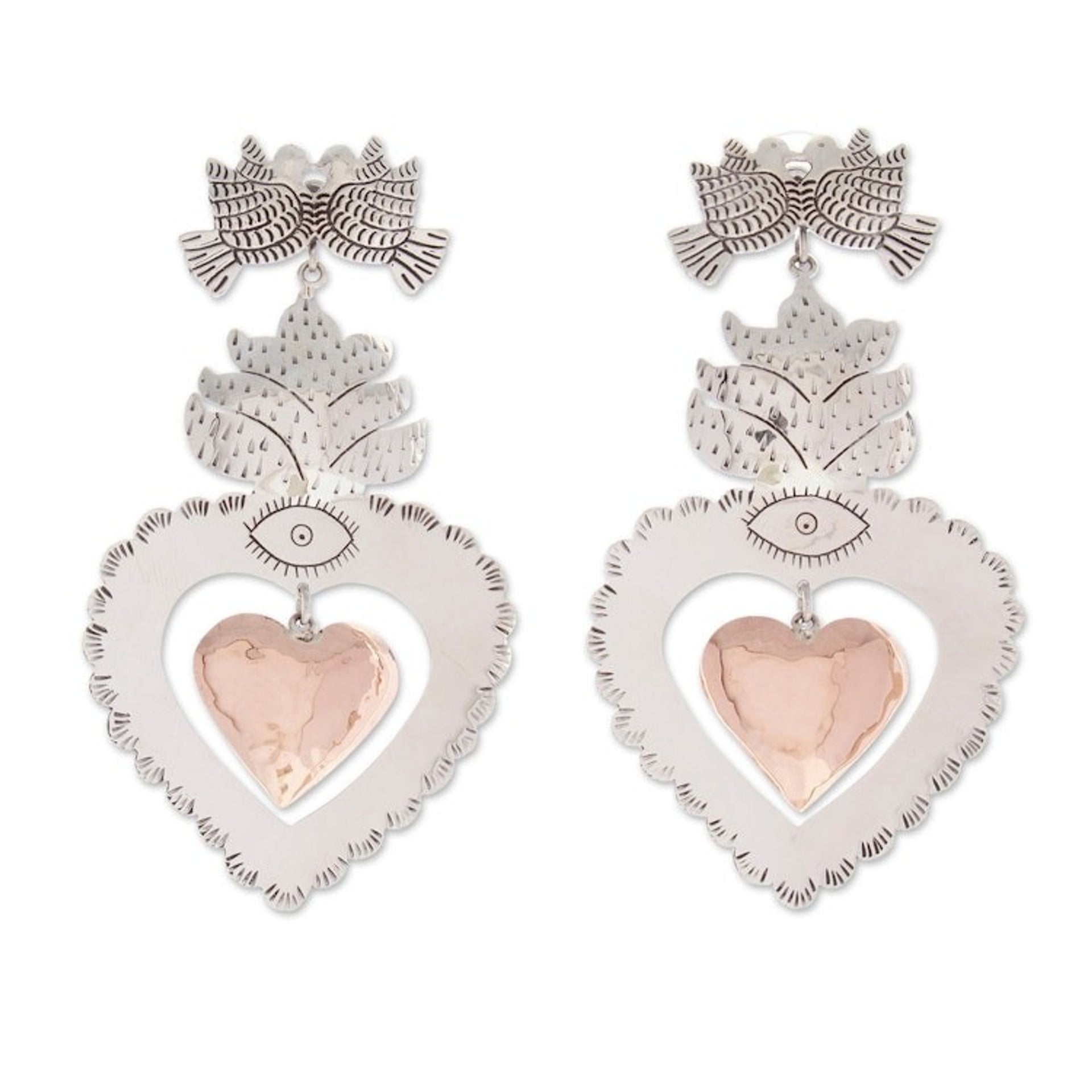 Heart-Shaped Sterling Silver and Copper Dangle Earrings 'Heart of Traditions'