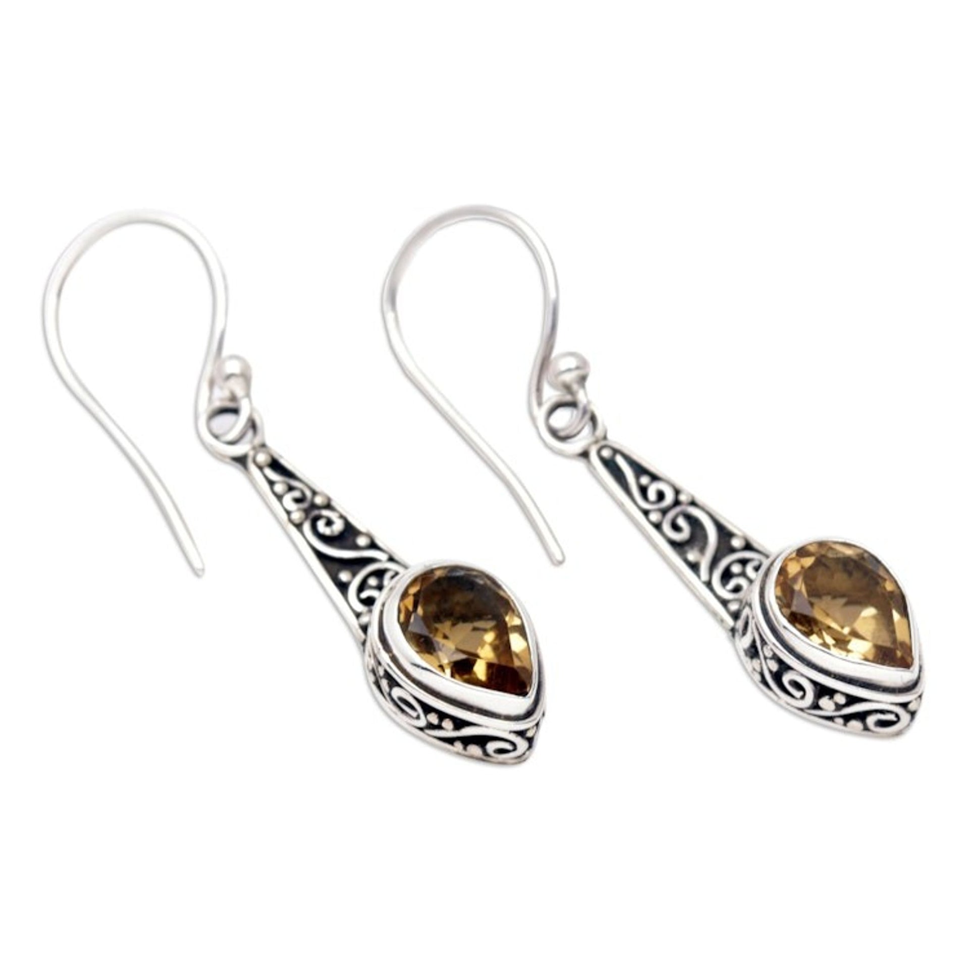 Faceted One-Carat Citrine Dangle Earrings Crafted in Bali 'Yellow Balinese Heaven'