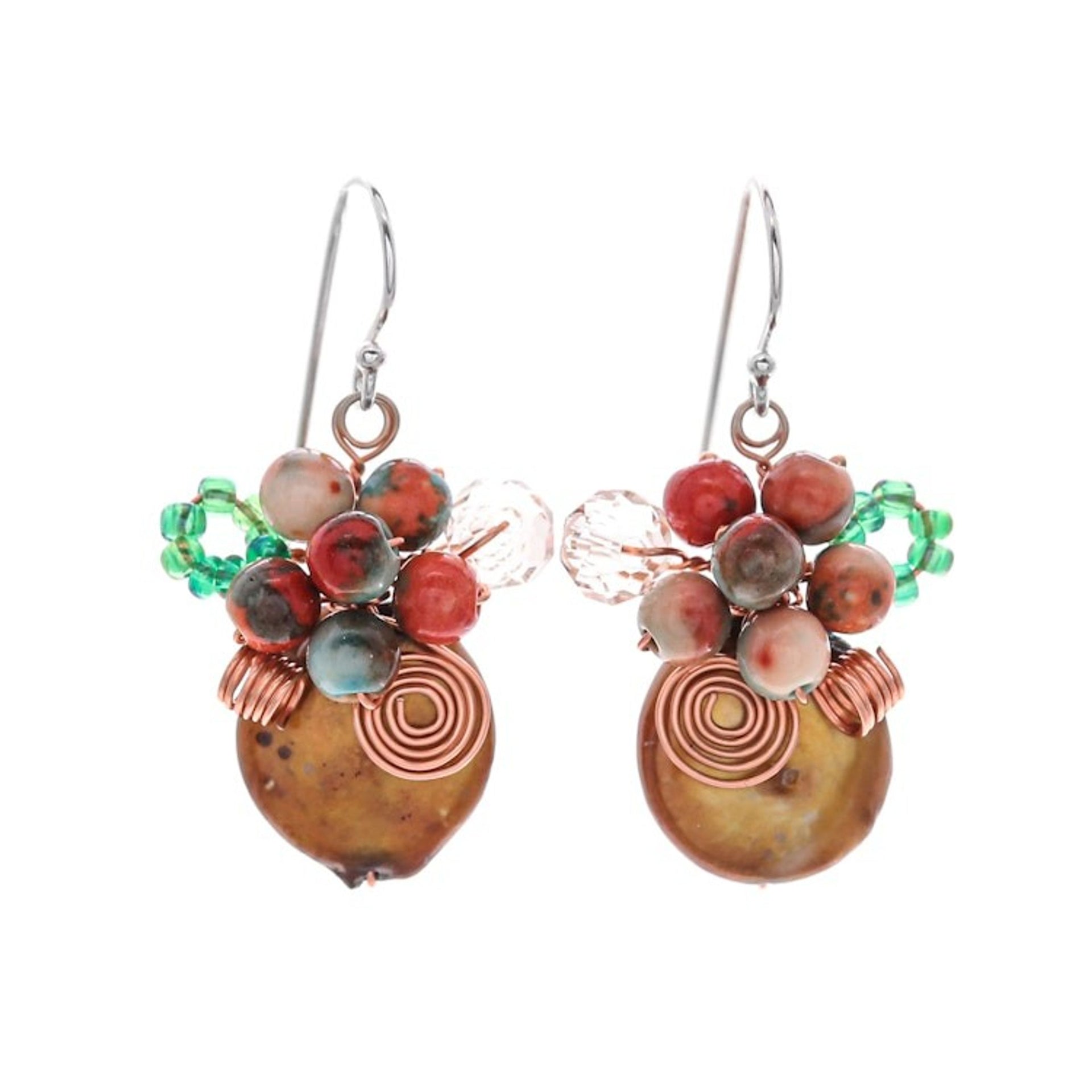 Glass Beaded Cluster Earrings with Quartz and Brown Pearls 'Warm Bliss'