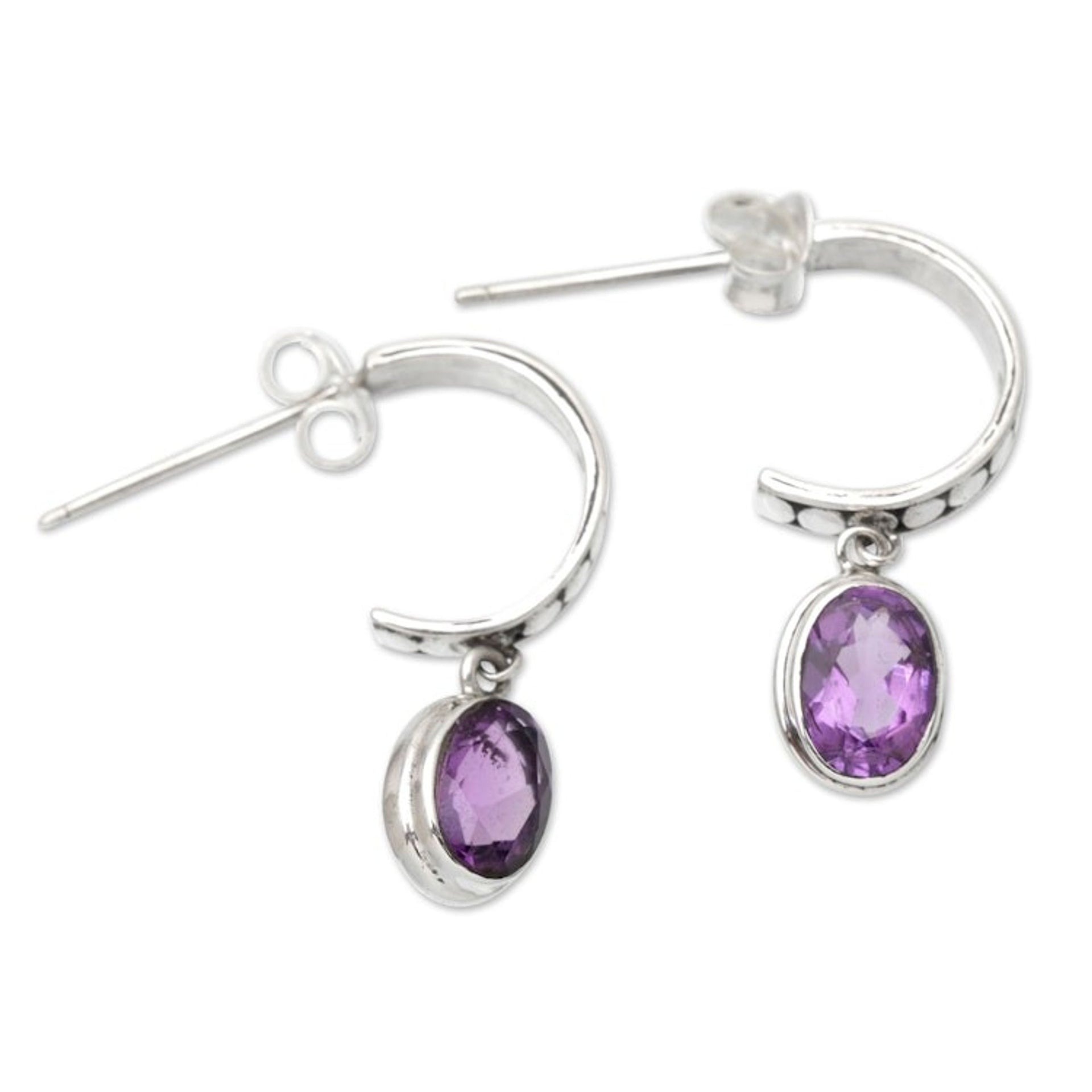 Sterling Silver Half-Hoop Earrings with Amethyst Gems 'Purple Cuddle'