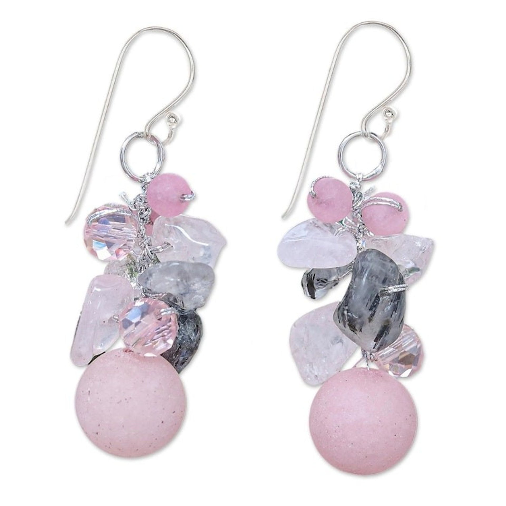 Handcrafted Rose Quartz and Glass Bead Dangle Earrings 'Frozen Flowers'