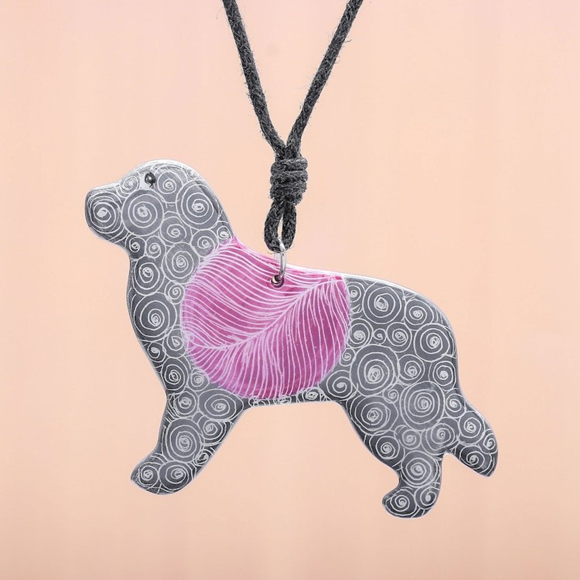 Ceramic Dog Pendant Necklace with Purple Painted Motifs 'Cosmic Dog'