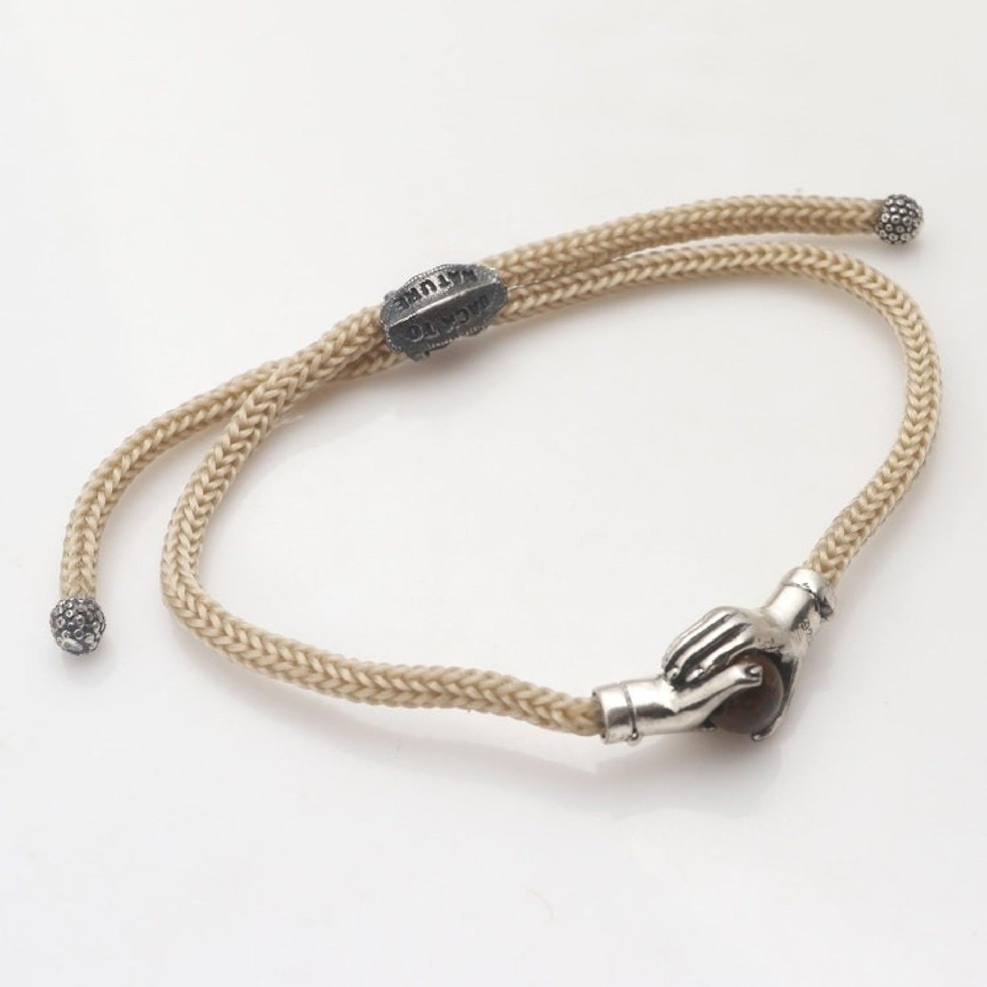 Bali Tiger's Eye Sterling Silver Beige Cord Unity Bracelet 'Silver Beige Handshake'