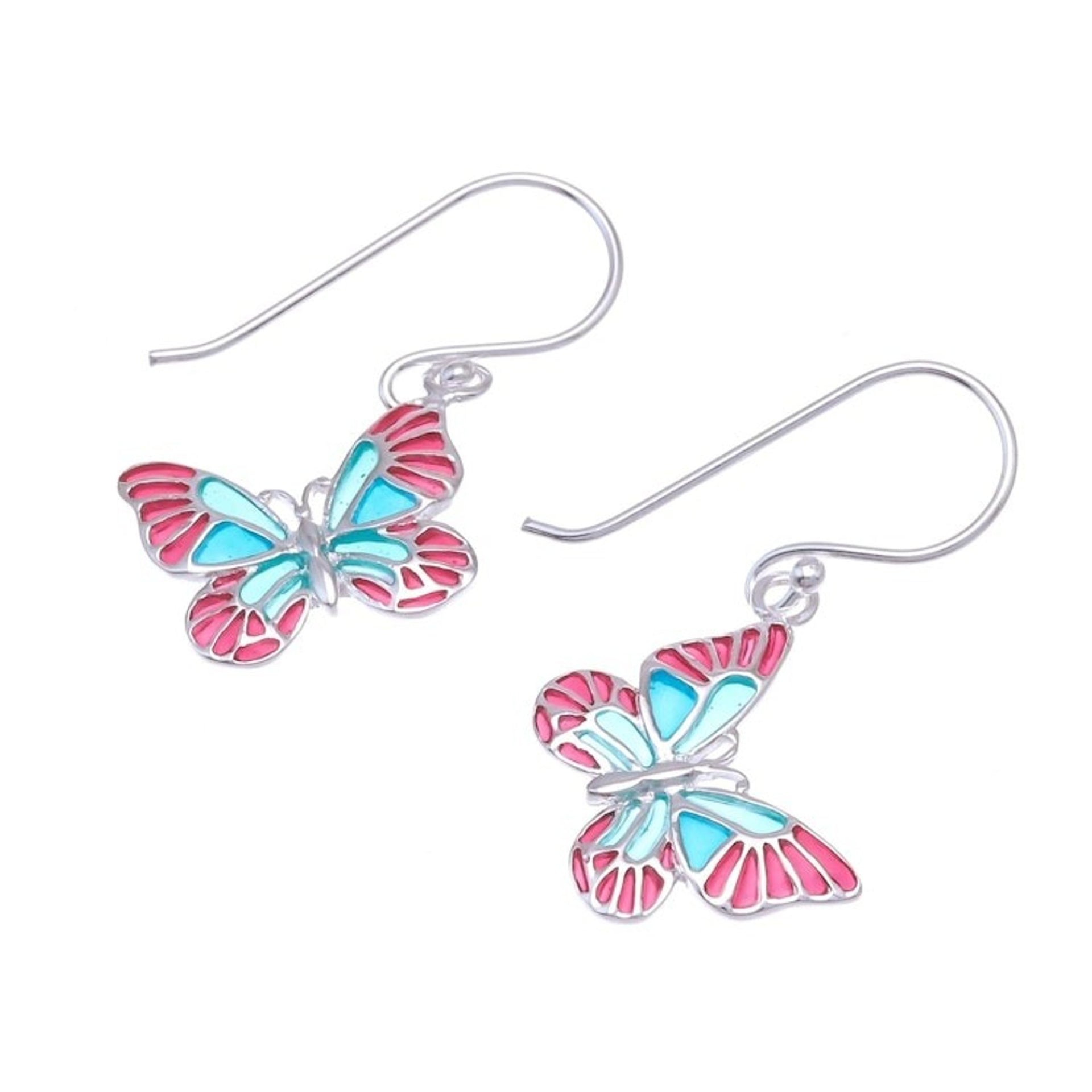 Red and Blue Sterling Silver Butterfly Dangle Earrings 'Festive Butterflies'
