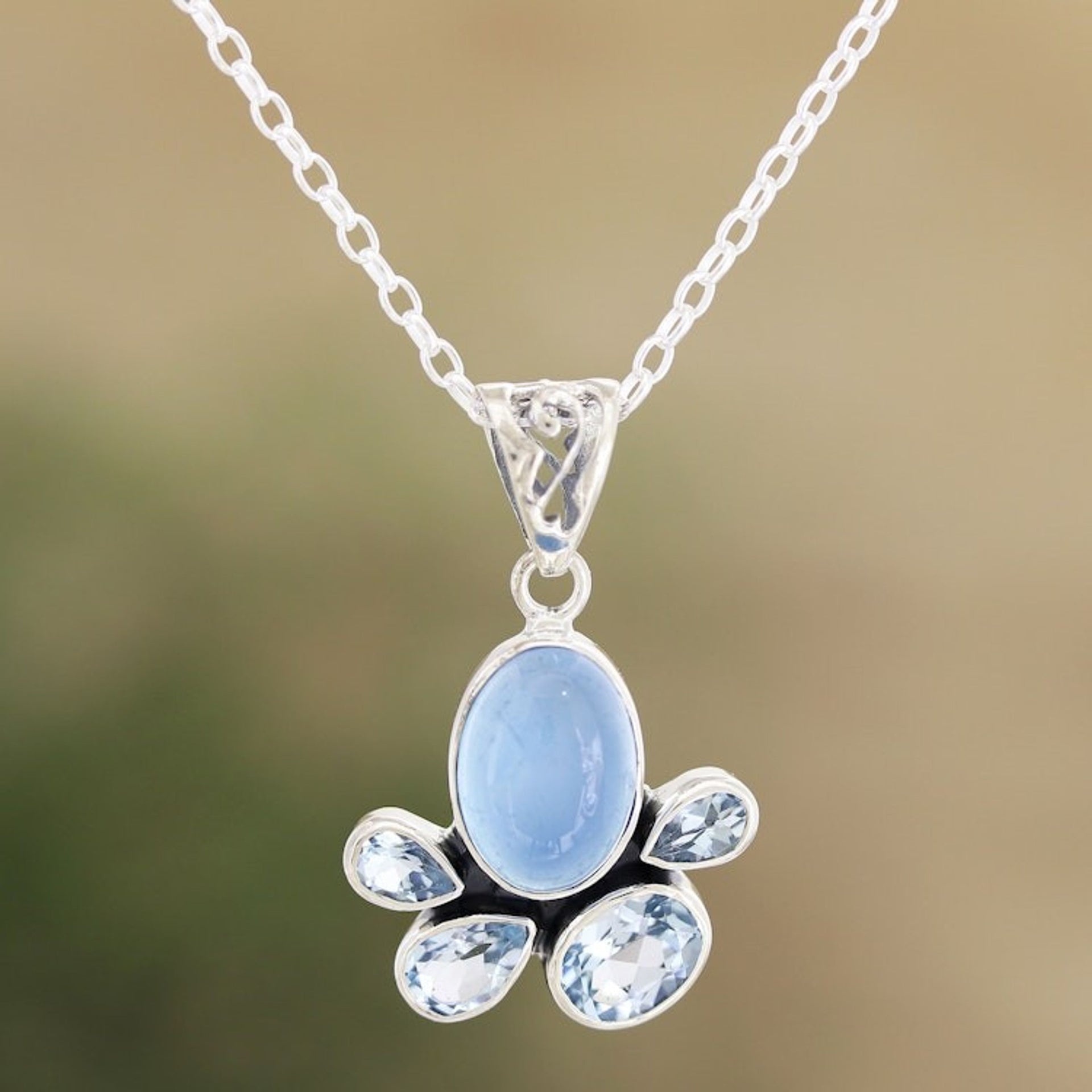 Handmade Chalcedony and Blue Topaz Pendant Necklace 'Upper Stratosphere'