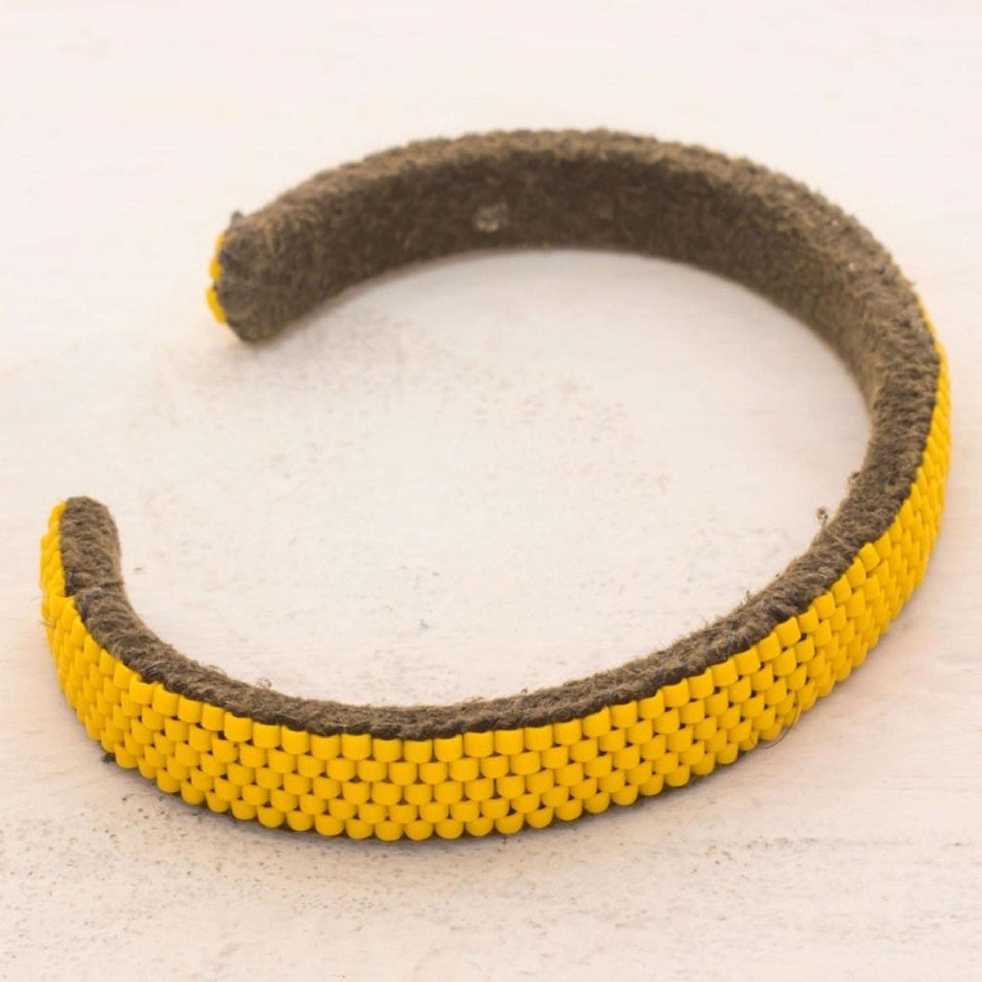 Glass Beaded Cuff Bracelet in Solid Yellow from El Salvador 'Beautiful Horizon in Yellow'
