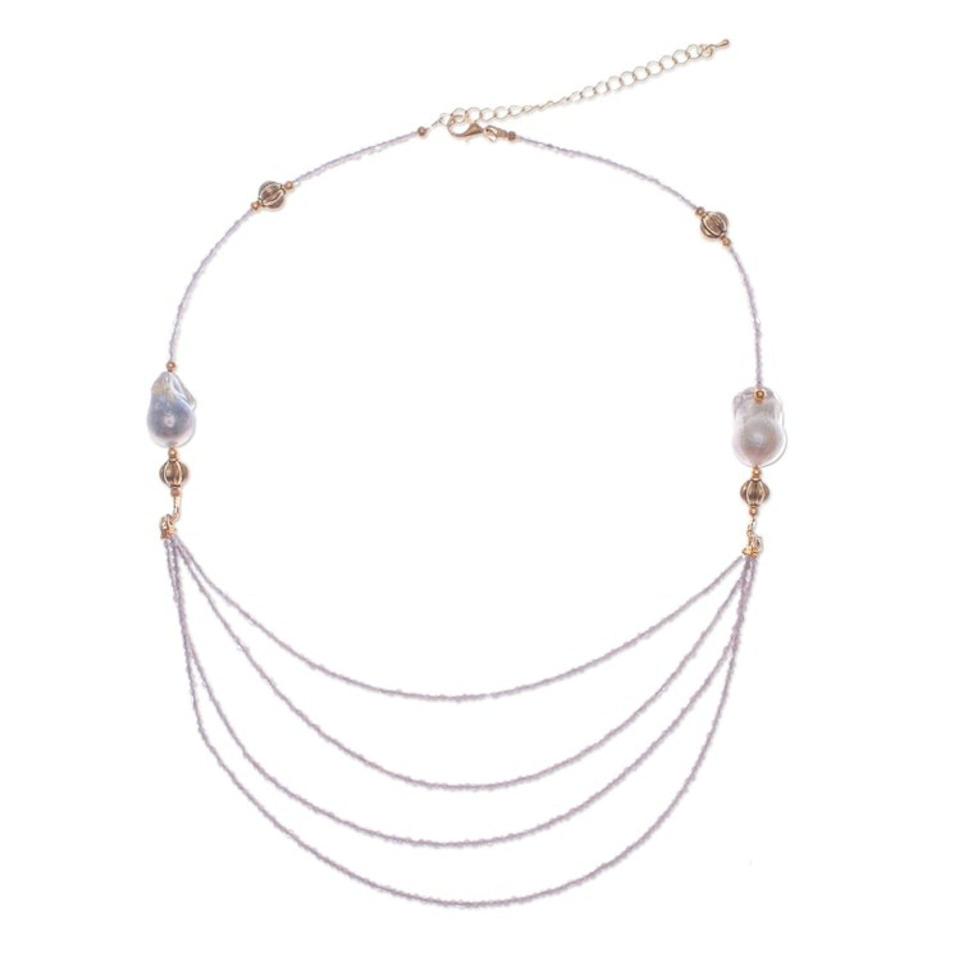 Thai 18k Gold-Accented Pearl and Quartz Pendant Necklace 'Icy Shores in White'
