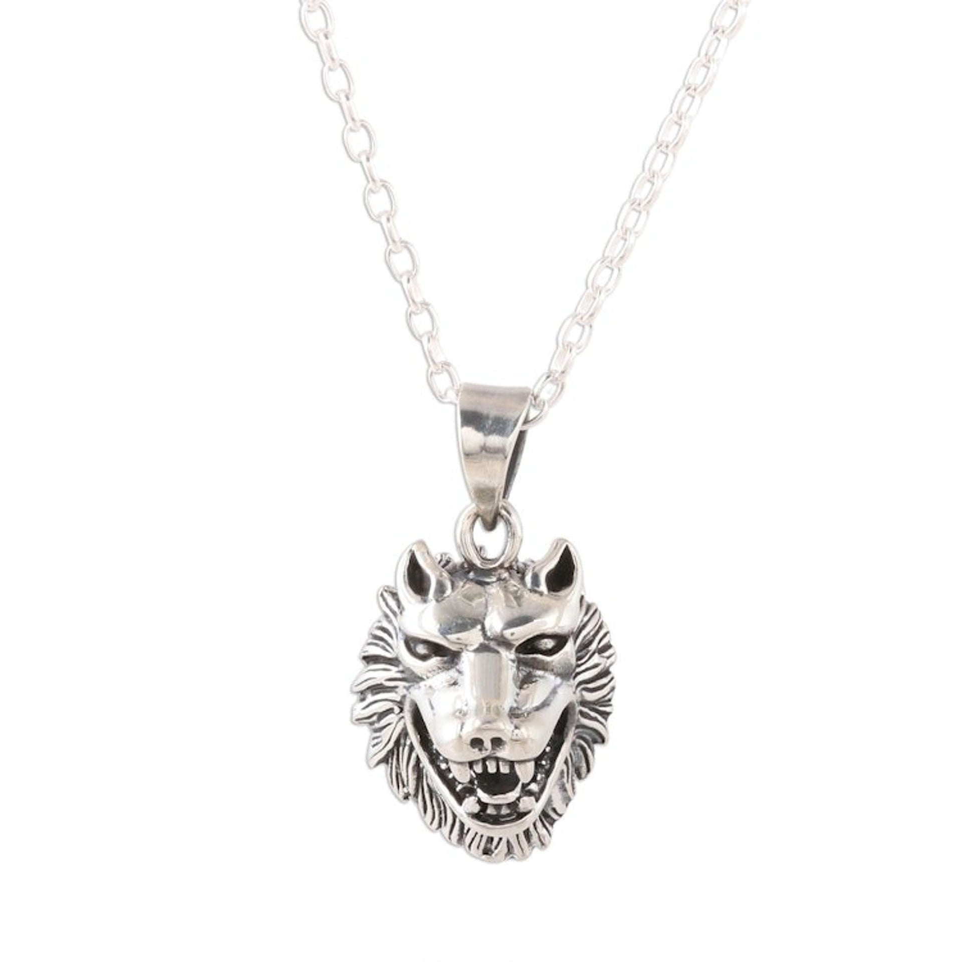 Sterling Silver Wolf Pendant Necklace from India 'Fascinating Wolf'