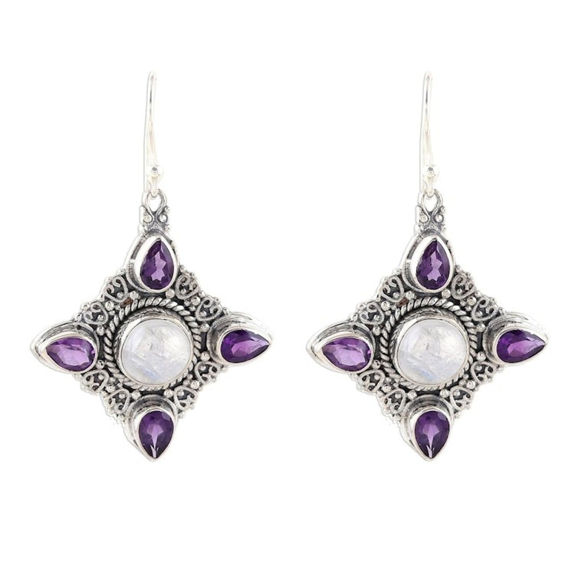 Rainbow Moonstone Amethyst Sterling Silver Dangle Earrings 'Eternal Delight'