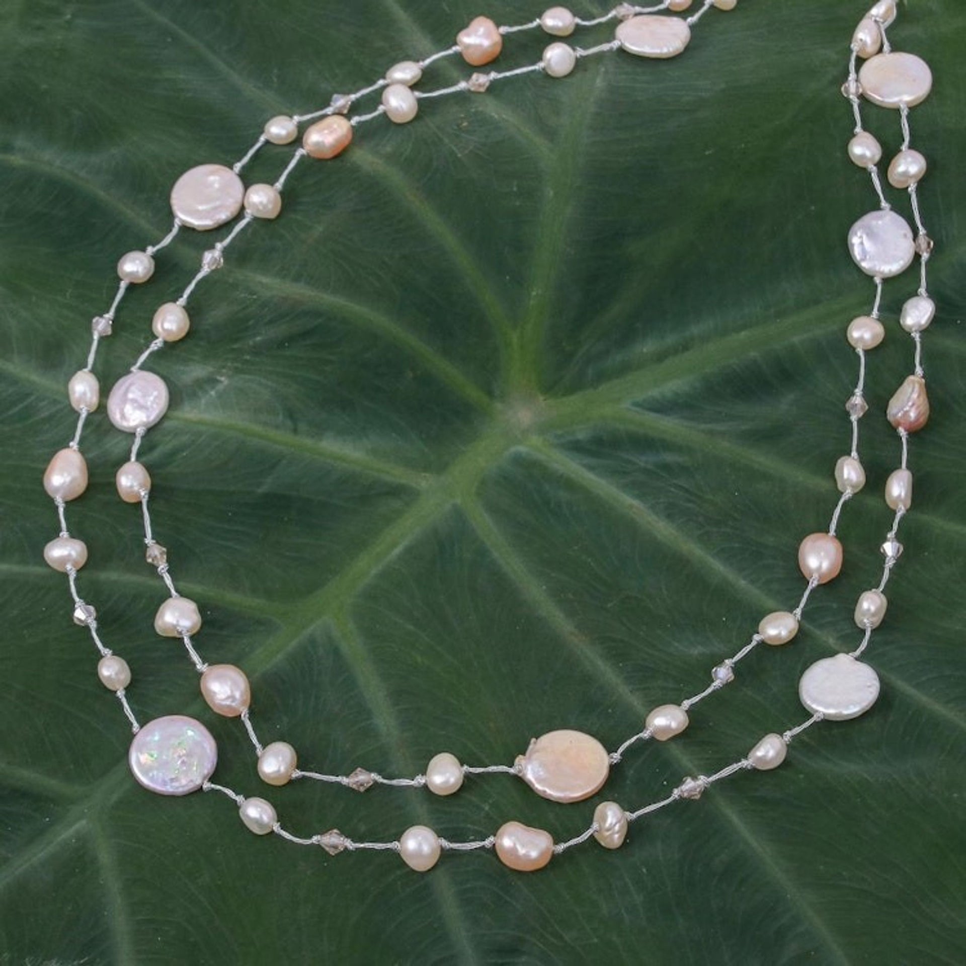 Cultured Freshwater Pearl and Glass Beaded Necklace 'Glowing Coins in Peach'