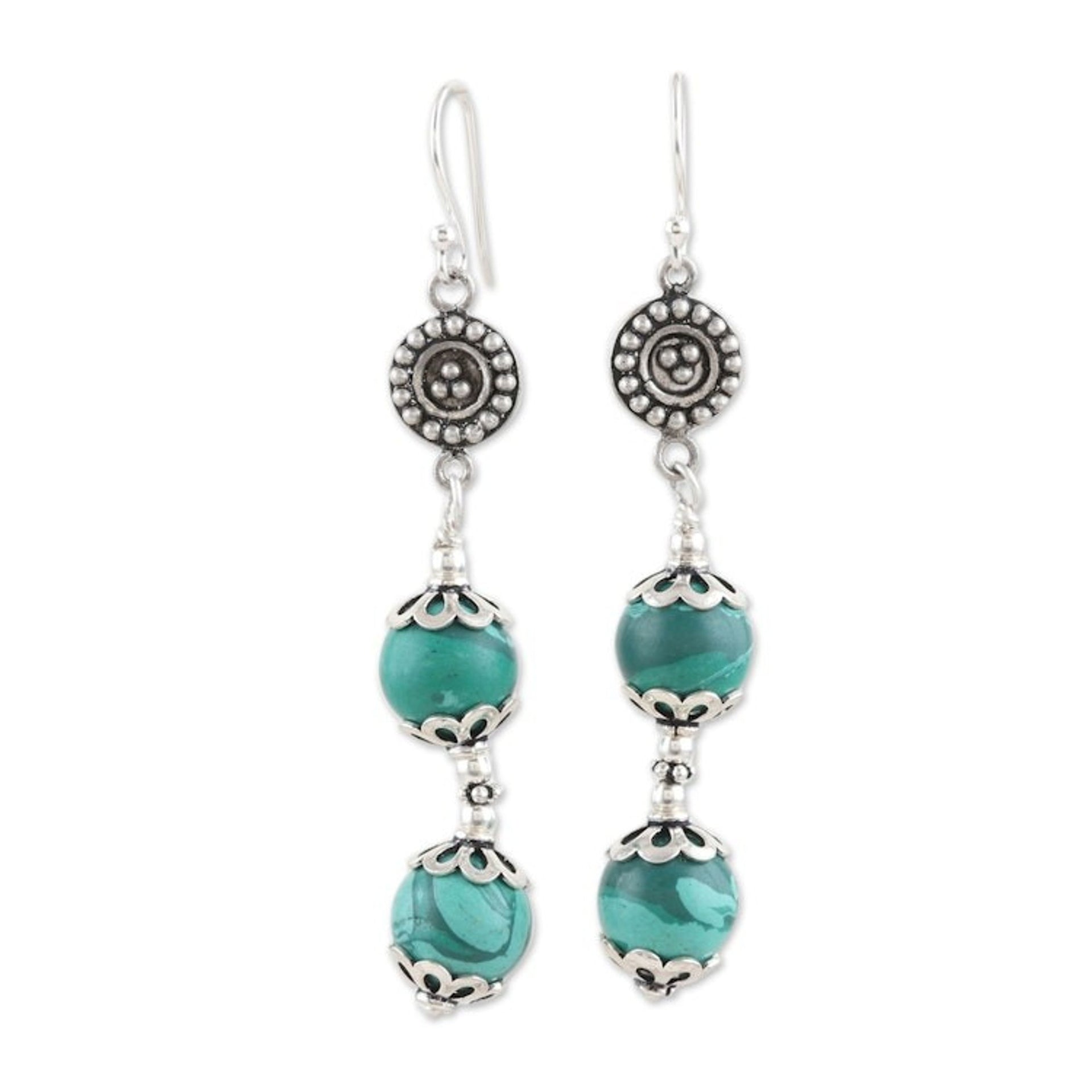 Sterling Silver Dangle Earrings with Natural Malachite Gems 'Soothing Countess'