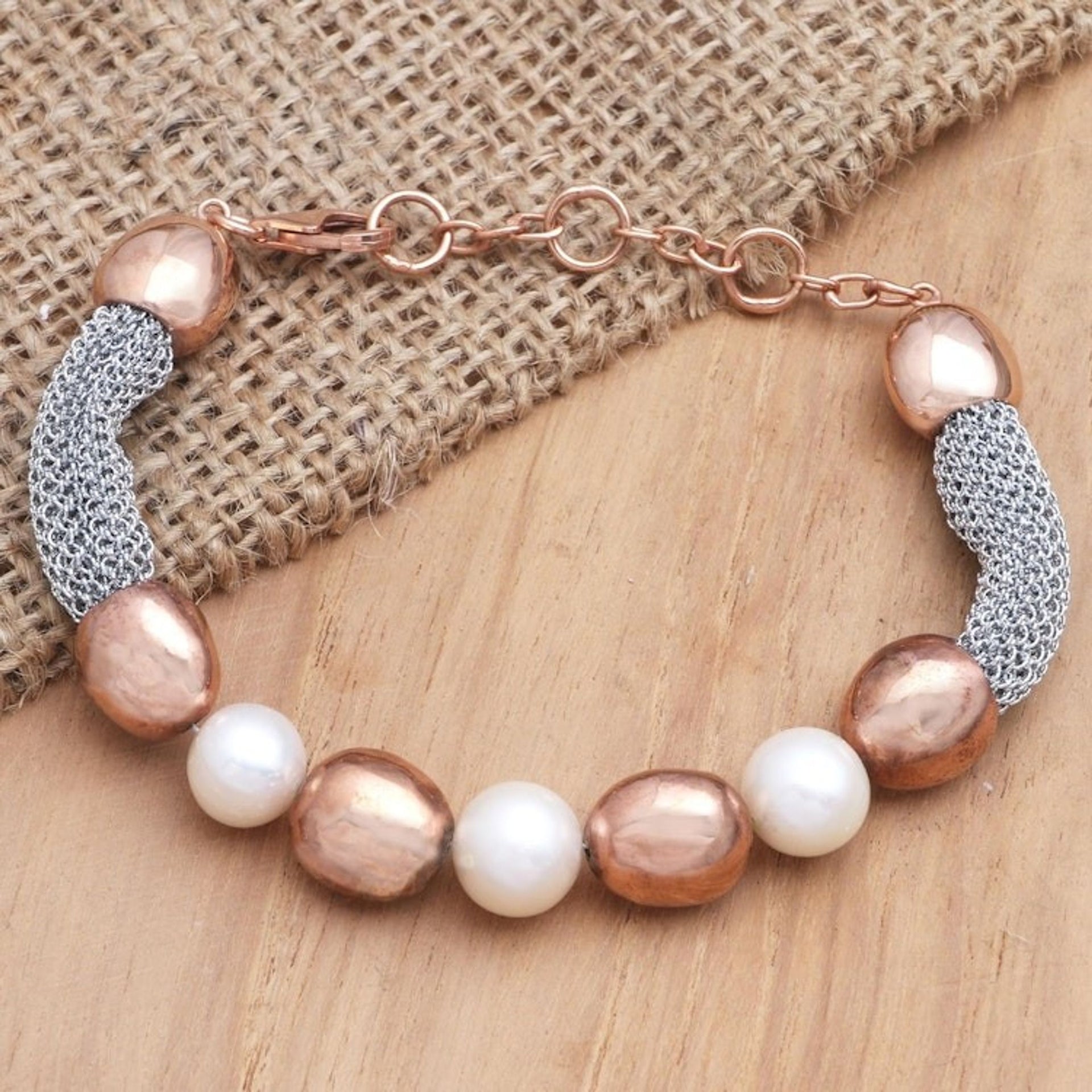 Handmade Rose Gold-Plated Cultured Pearl Beaded Bracelet 'Golden Waters'