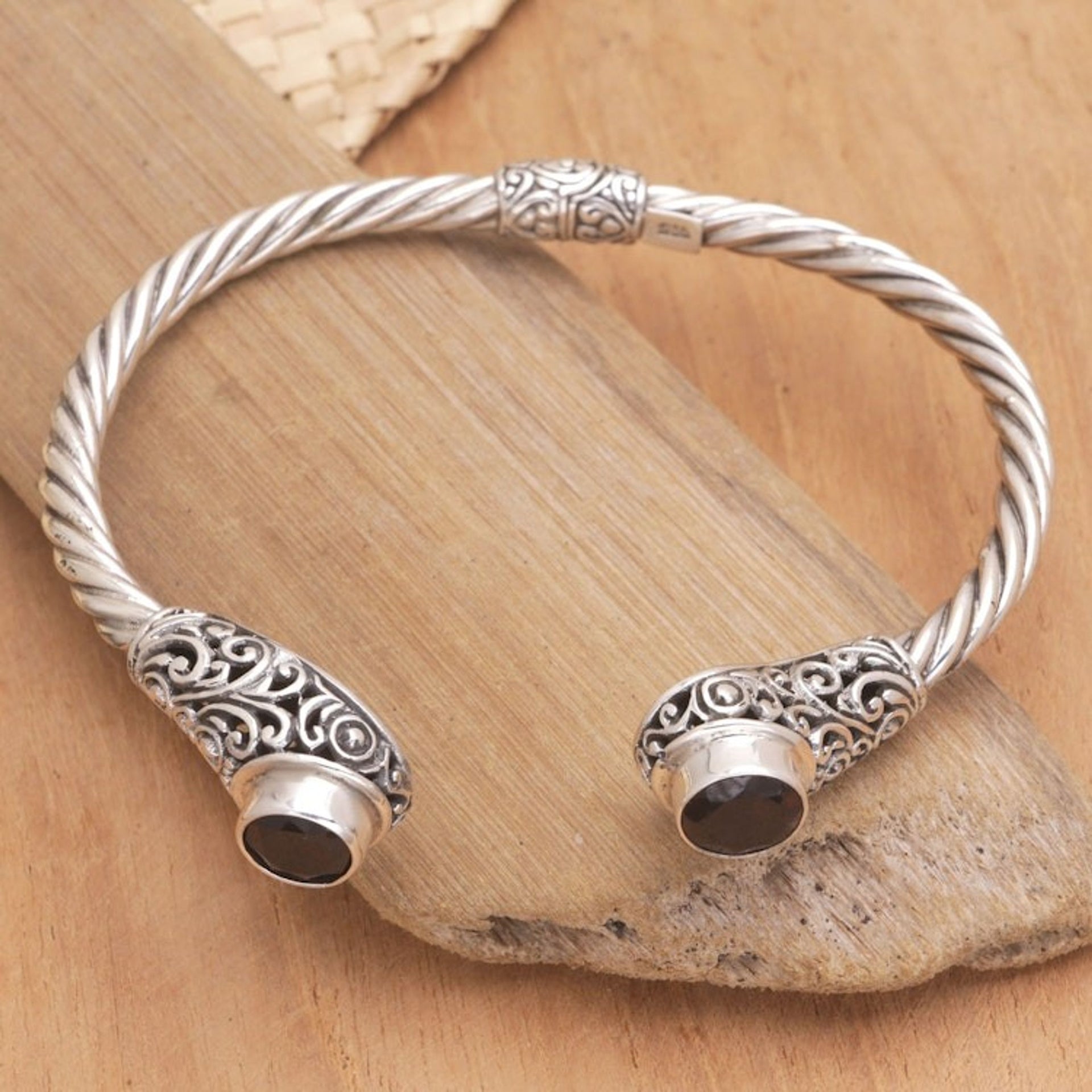 Garnet Sterling Silver Cuff Bracelet from Bali 'Crimson Royal Seal'