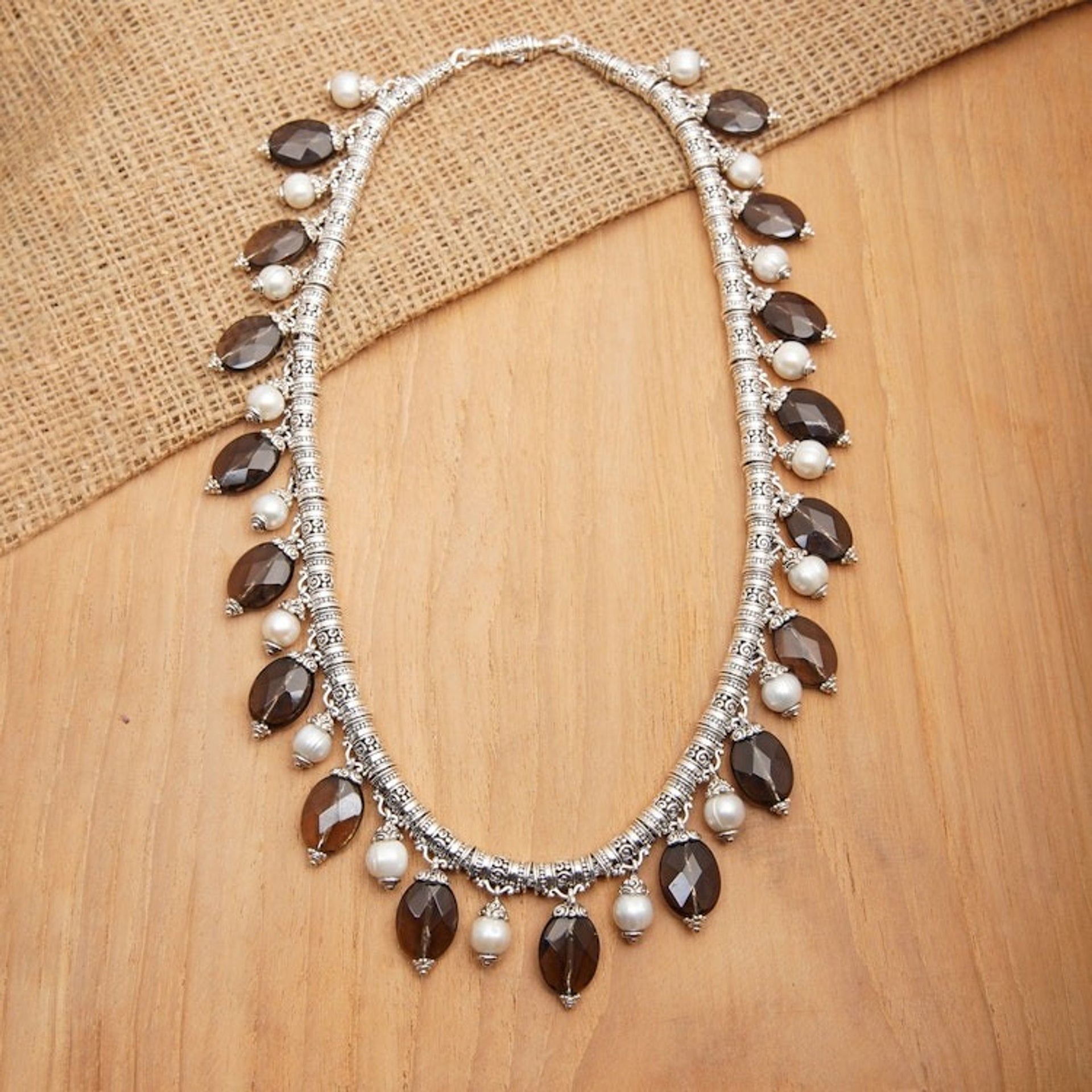 Traditional Smoky Quartz and Cultured Pearl Beaded Necklace 'Eclipses'