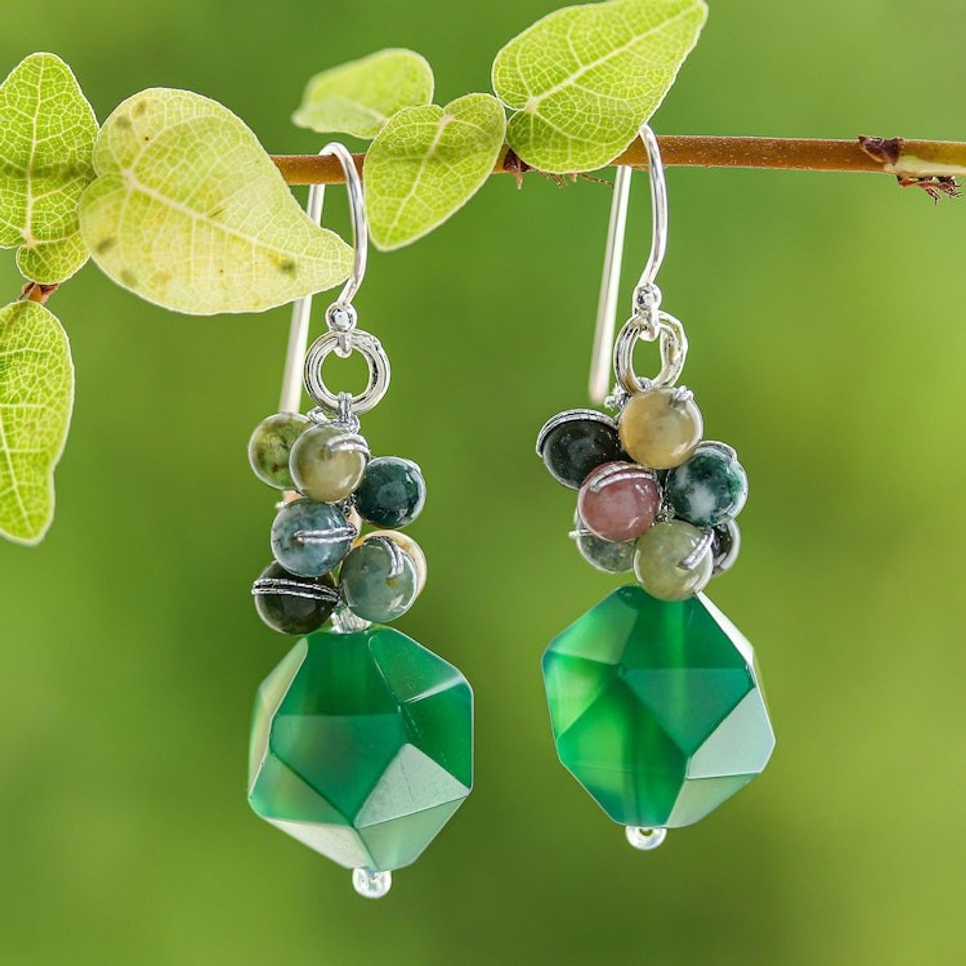 Multi-Gemstone Beaded Cluster Earrings in Green 'Beautiful Glam in Green'