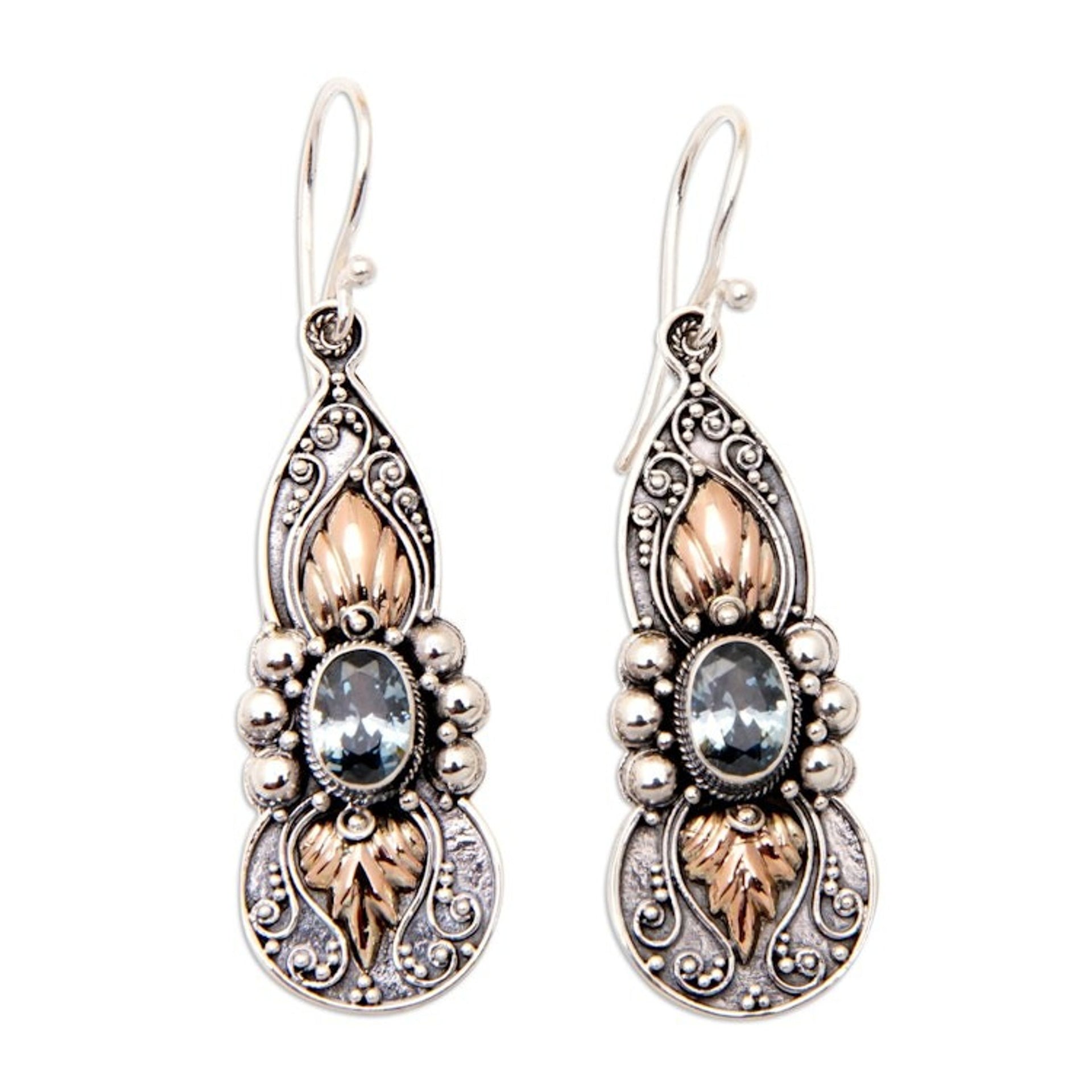 18k Gold-Accented Dangle Earrings with Blue Topaz Jewels 'Flaming Loyalty'
