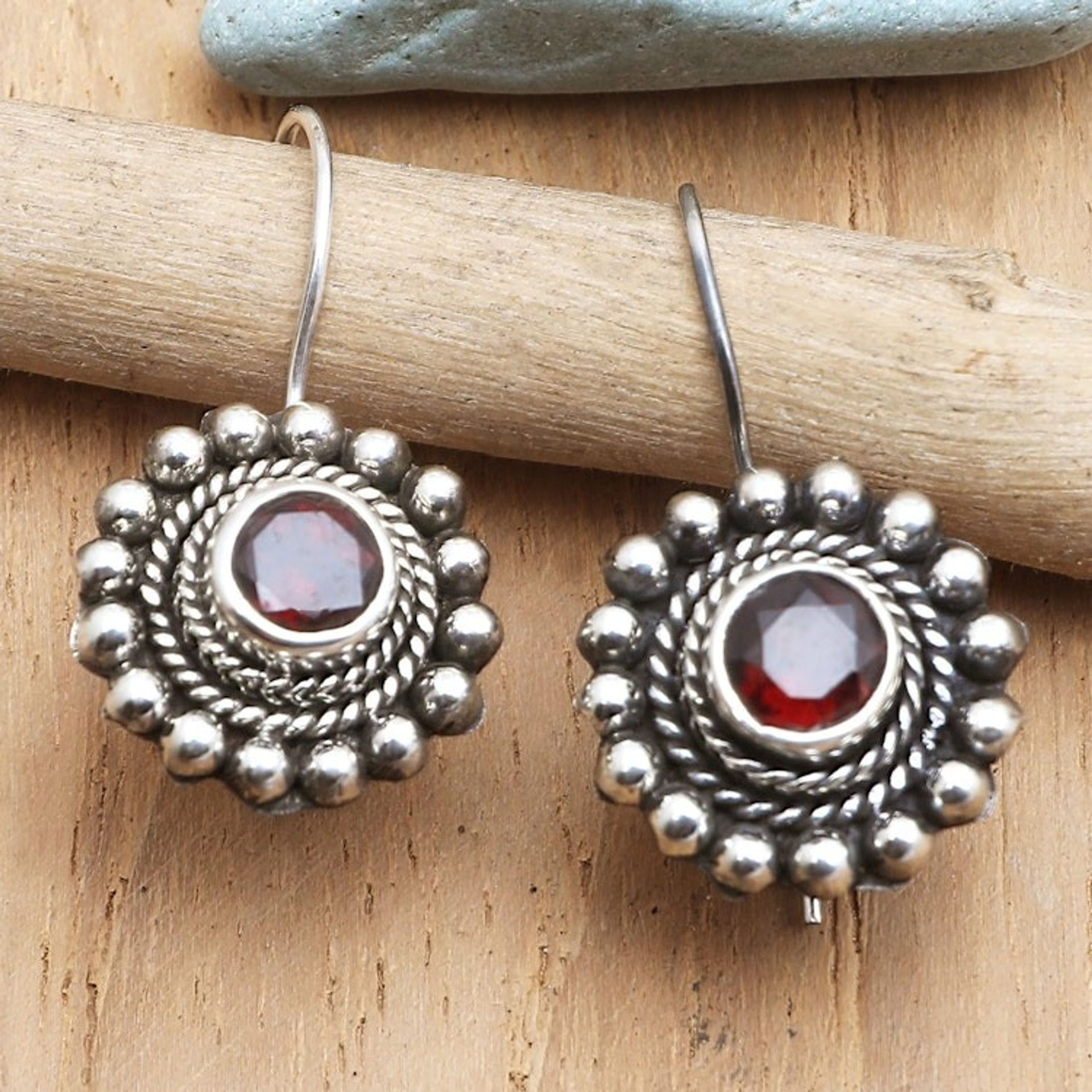 Sterling Silver Floral Drop Earrings with Garnet Stone 'Enchanting Flower in Red'