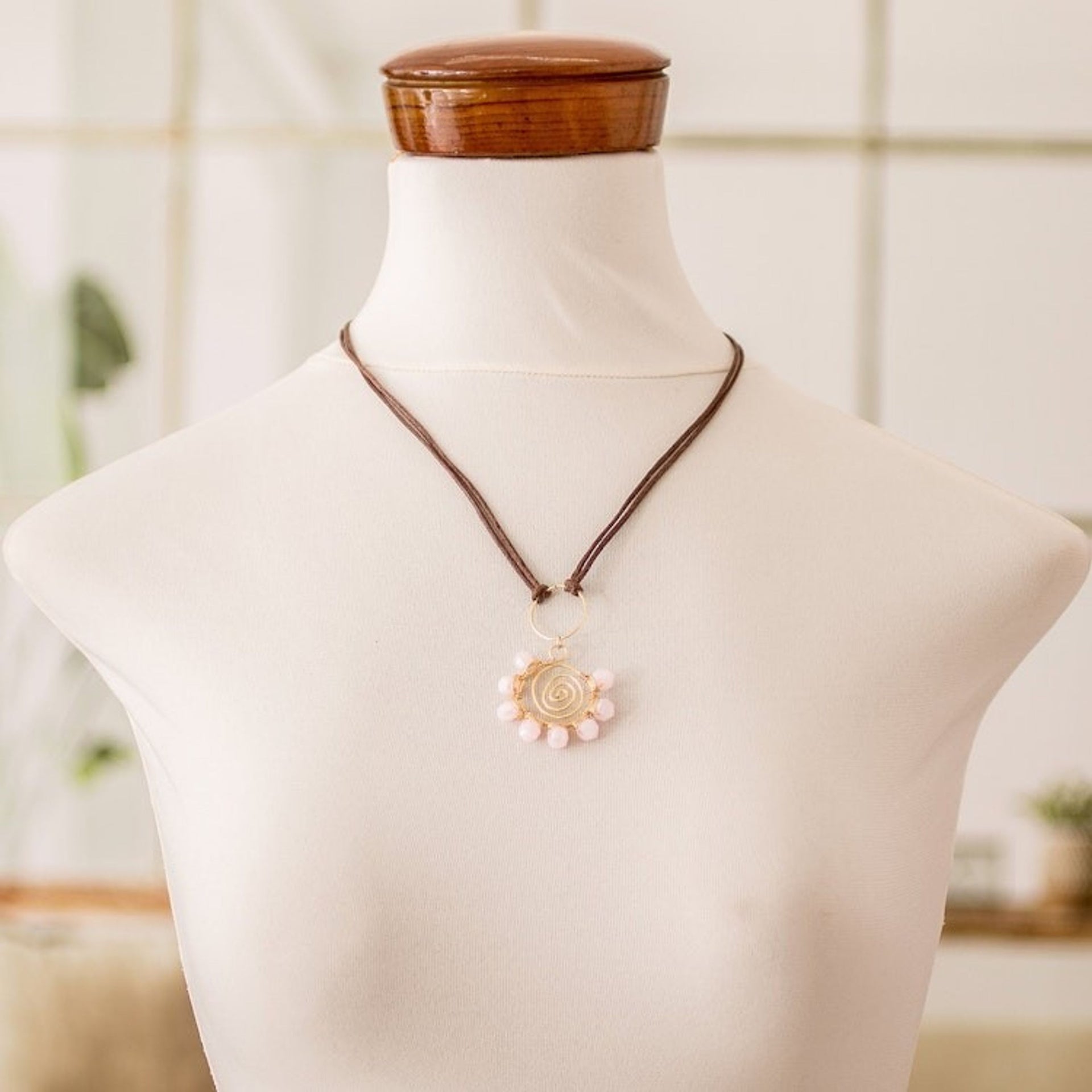 Polymer-Coated Pendant Necklace with Pink Crystal Beads 'Crystalline Pink'