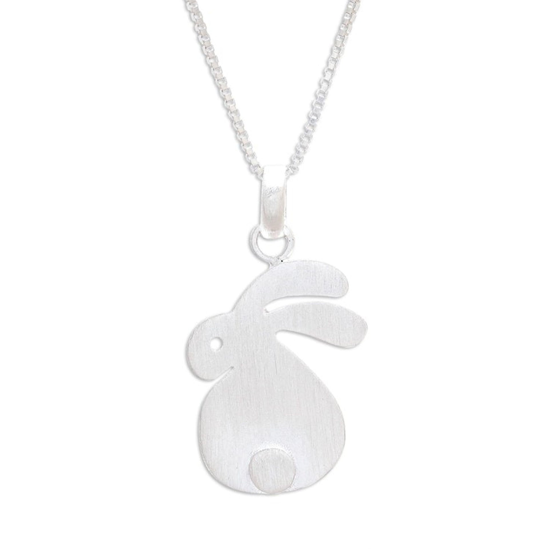 Brushed-Satin Sterling Silver Rabbit Pendant Necklace 'Fluffy Rabbit'