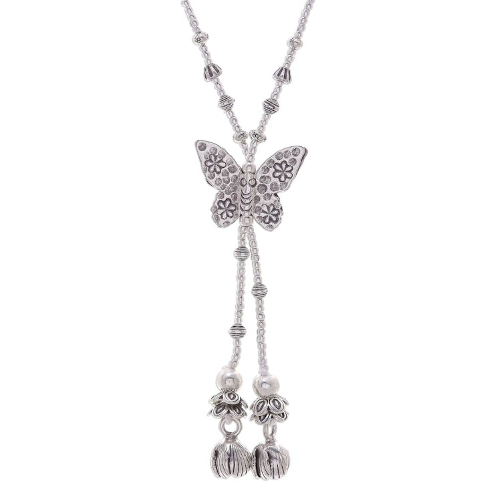 950 Silver Butterfly Pendant Lariat Necklace 'Butterfly Passion'