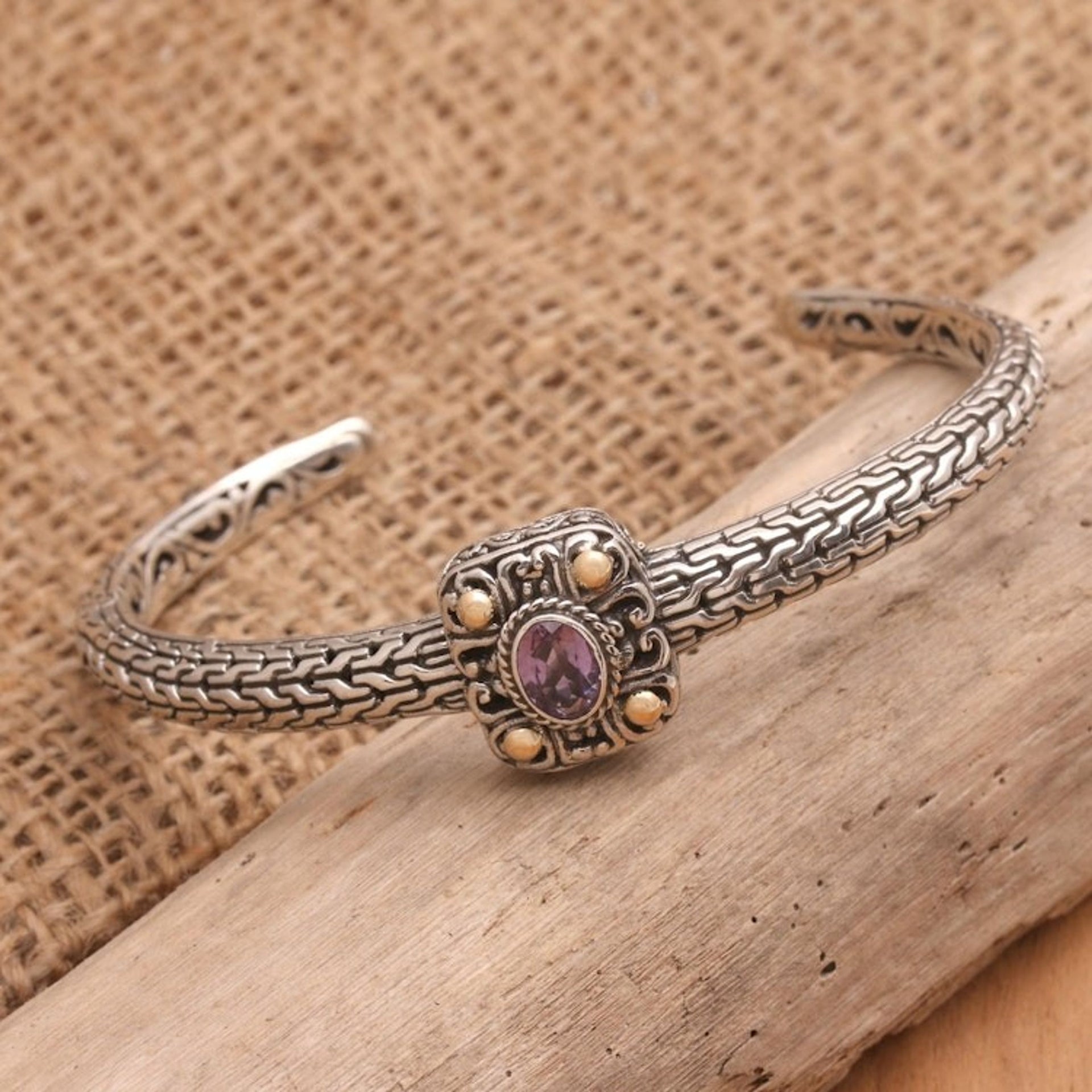 Handmade Gold-Accented and Amethyst Cuff Bracelet 'Spellbound Silver'