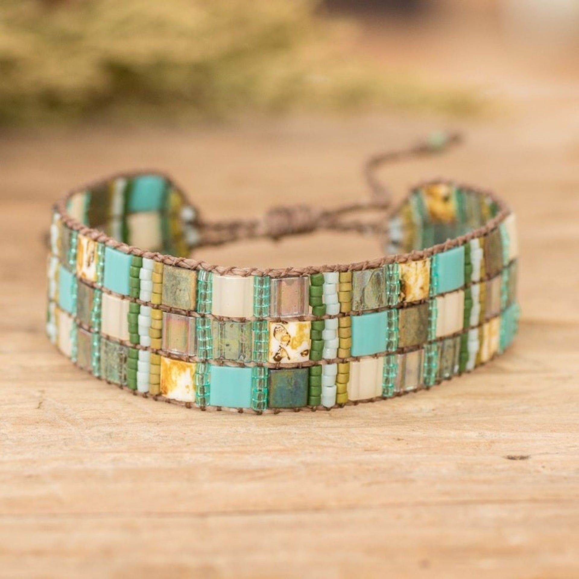 Adjustable Green Aqua Mosaic Glass Beaded Wristband Bracelet 'Magical Mosaic'