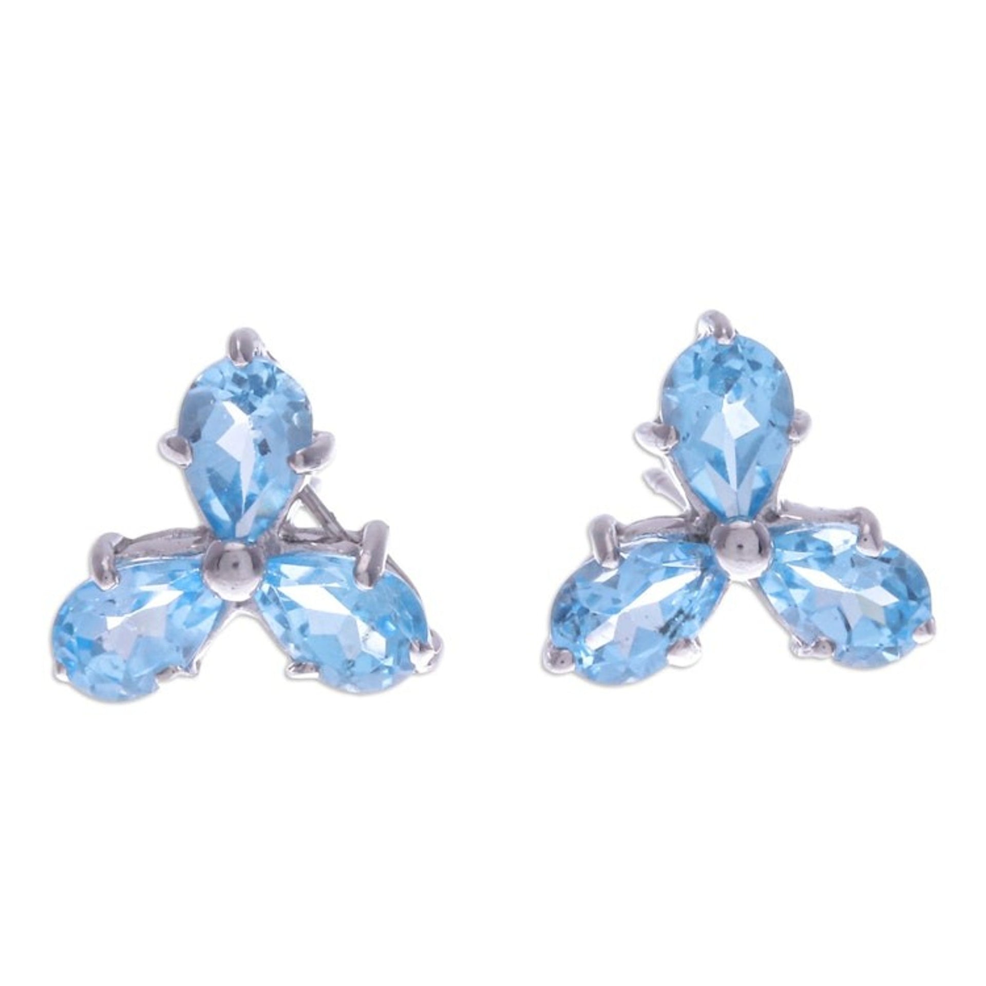 Clover-Themed Button Earrings with Two-Carat Blue Topaz Gems 'Loyalty Clover'